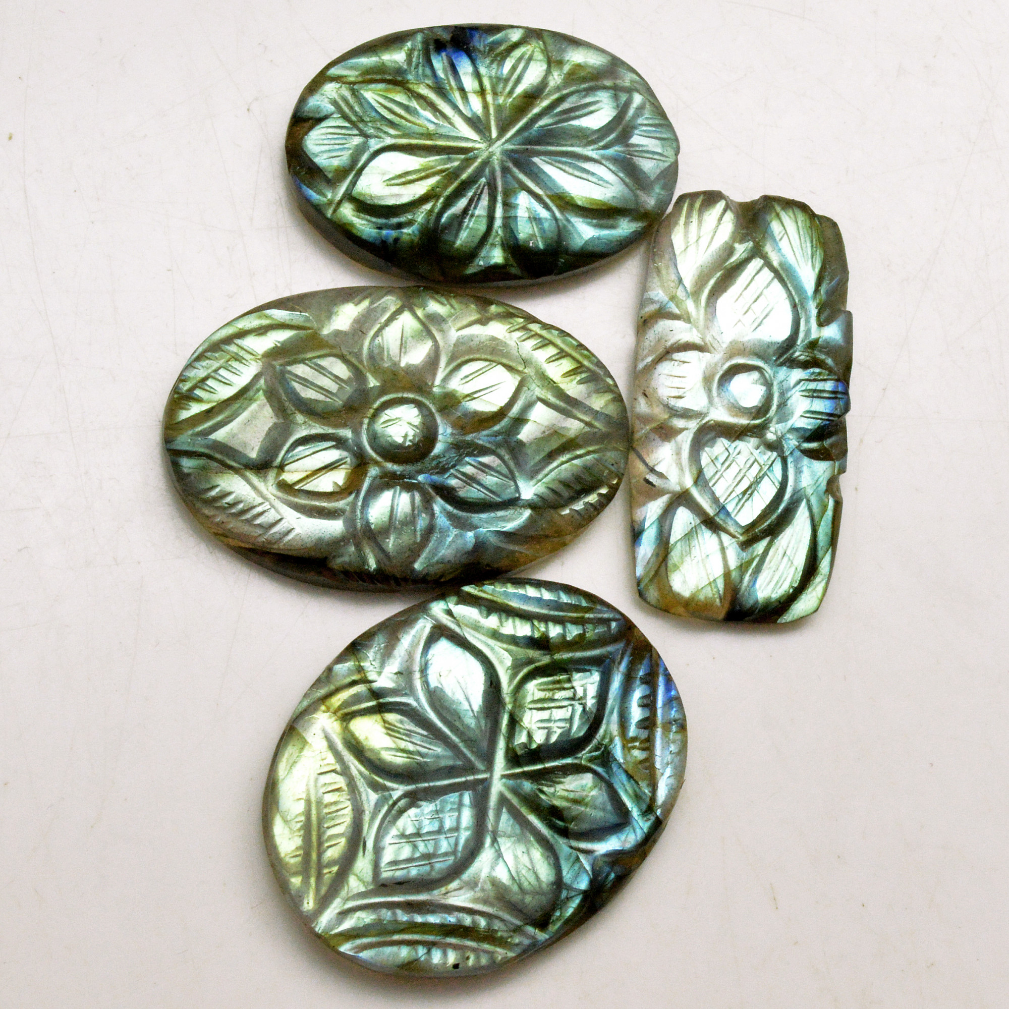 4 Pcs 95 Cts Natural Labradorite Carved Cabochon Blue Flashy Labradorite Carving Gemstone Mix Shape Loose Gemstone Flat Back Labradorite 31x20 27x18mm R-13635