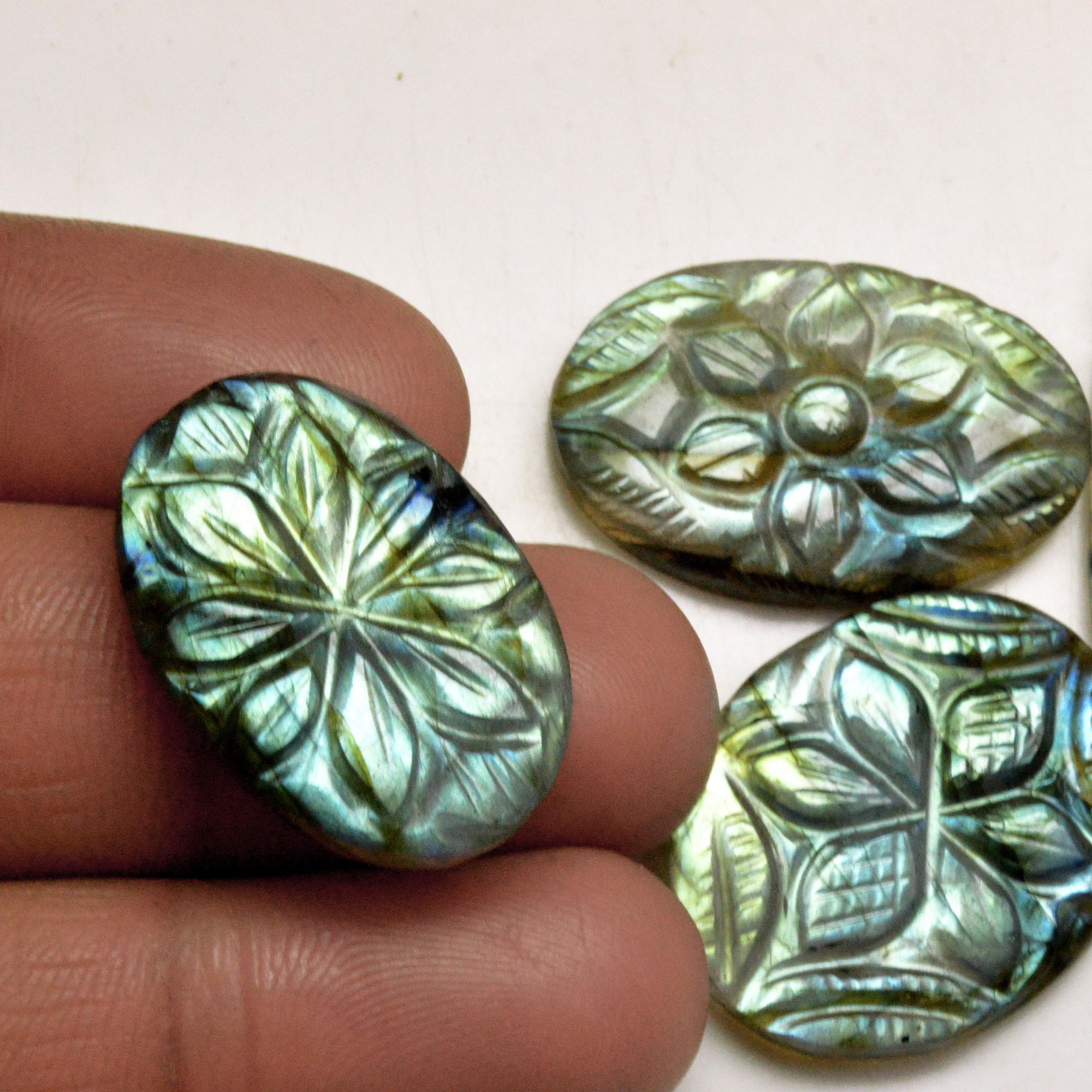 4 Pcs 95 Cts Natural Labradorite Carved Cabochon Blue Flashy Labradorite Carving Gemstone Mix Shape Loose Gemstone Flat Back Labradorite 31x20 27x18mm R-13635