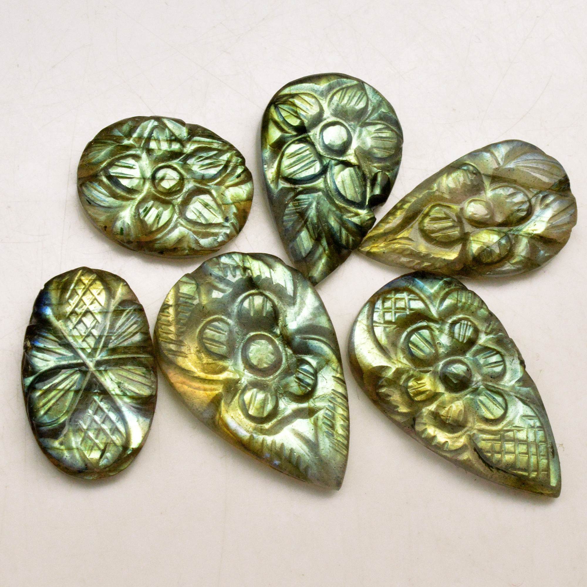 6 Pcs 85 Cts Natural Labradorite Carved Cabochon Blue Flashy Labradorite Carving Gemstone Mix Shape Loose Gemstone Flat Back Labradorite 29x15 19x12mm R-13637