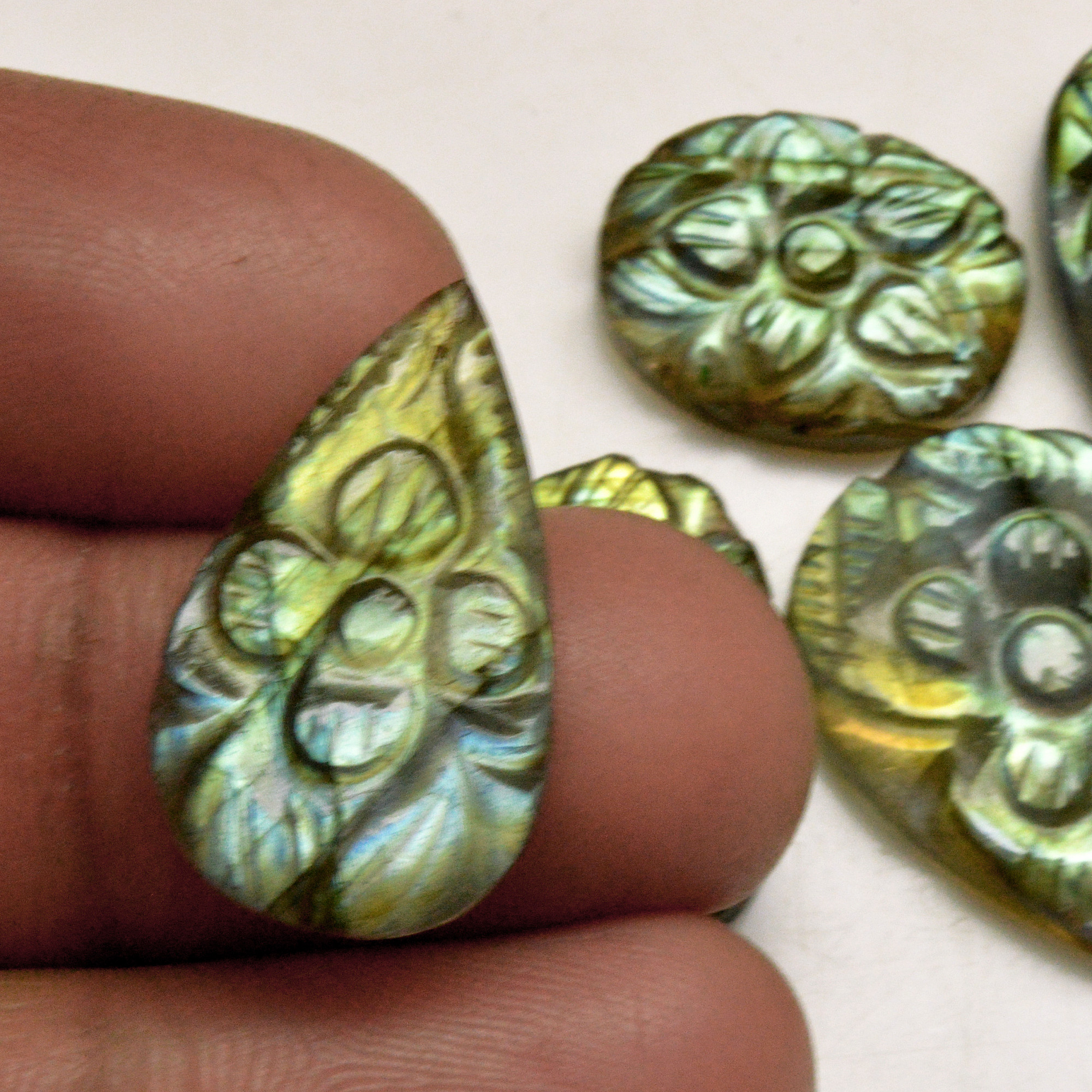 6 Pcs 85 Cts Natural Labradorite Carved Cabochon Blue Flashy Labradorite Carving Gemstone Mix Shape Loose Gemstone Flat Back Labradorite 29x15 19x12mm R-13637