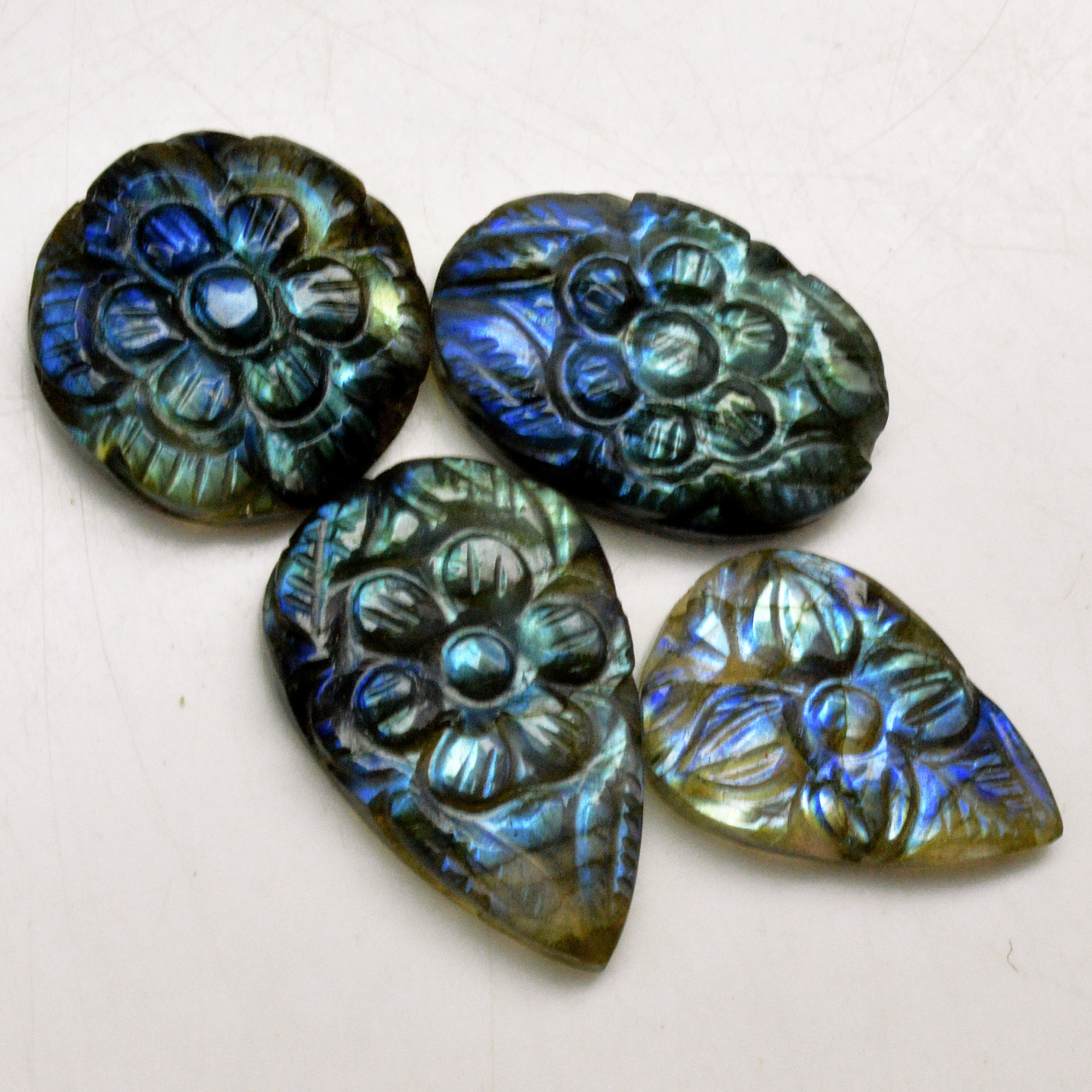 4 Pcs 71 Cts Natural Labradorite Carved Cabochon Blue Flashy Labradorite Carving Gemstone Mix Shape Loose Gemstone Flat Back Labradorite 29x15 21x14mm R-13638