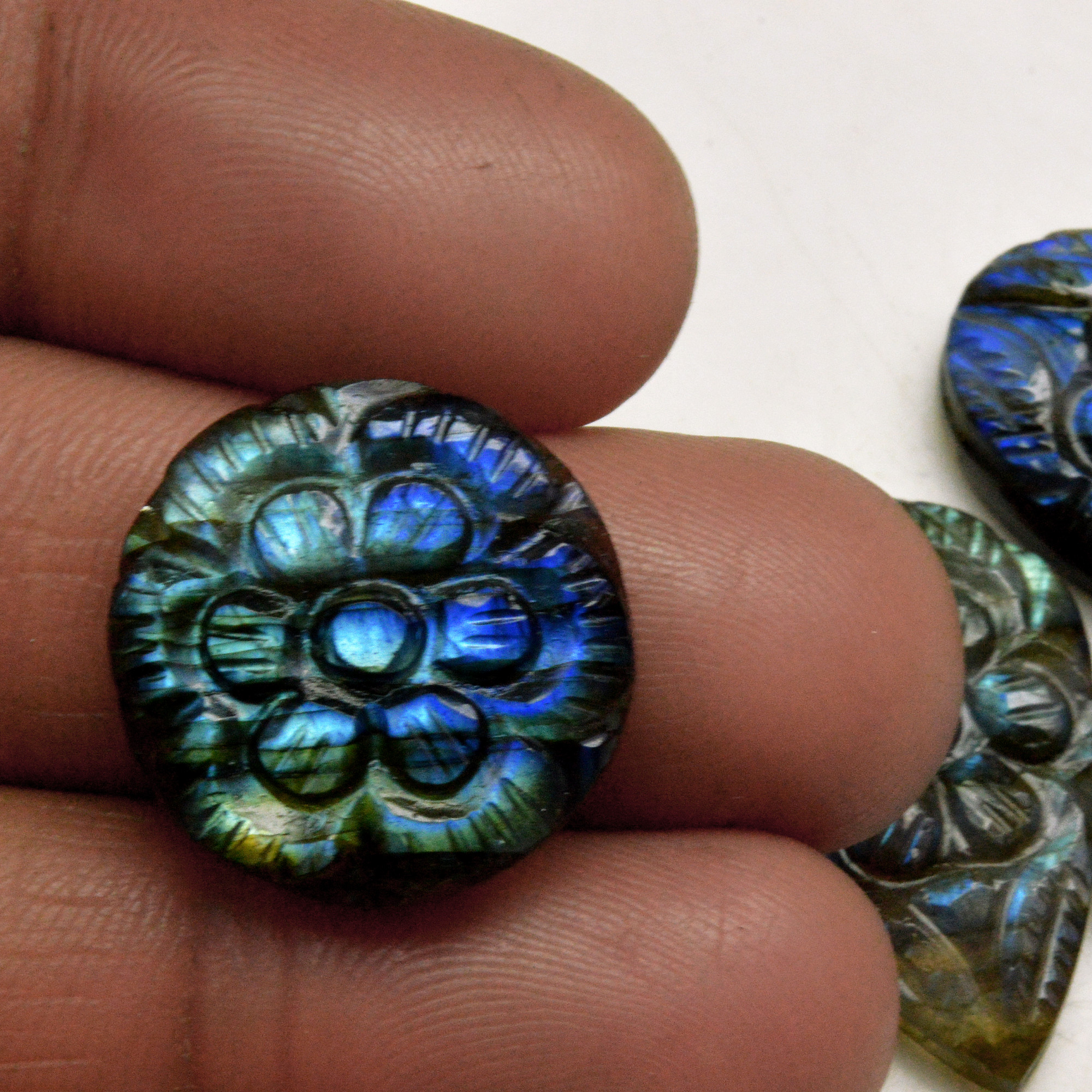 4 Pcs 71 Cts Natural Labradorite Carved Cabochon Blue Flashy Labradorite Carving Gemstone Mix Shape Loose Gemstone Flat Back Labradorite 29x15 21x14mm R-13638