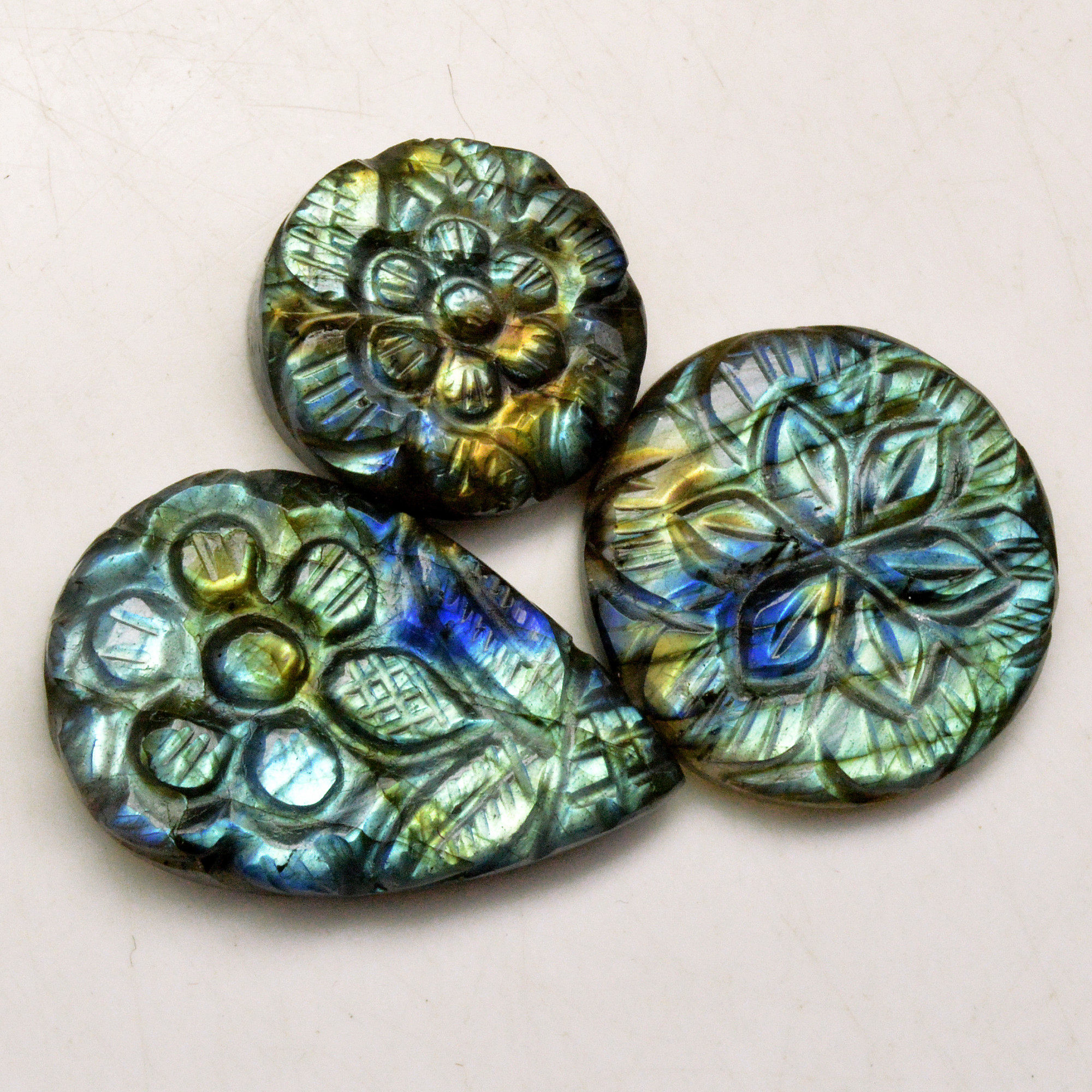 3 Pcs 84 Cts Natural Labradorite Carved Cabochon Blue Flashy Labradorite Carving Gemstone Mix Shape Loose Gemstone Flat Back Labradorite 30x20 20x20mm R-13641