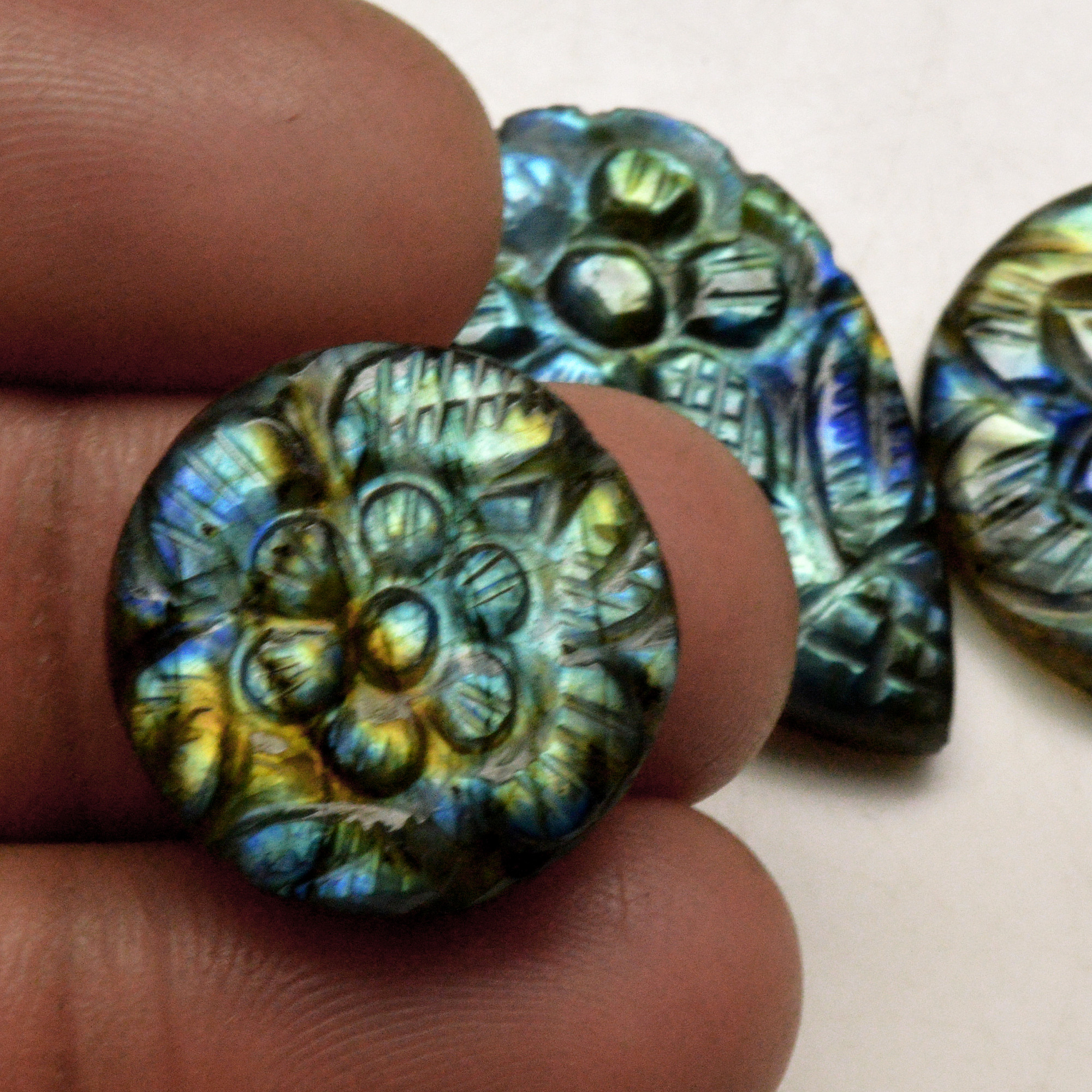 3 Pcs 84 Cts Natural Labradorite Carved Cabochon Blue Flashy Labradorite Carving Gemstone Mix Shape Loose Gemstone Flat Back Labradorite 30x20 20x20mm R-13641