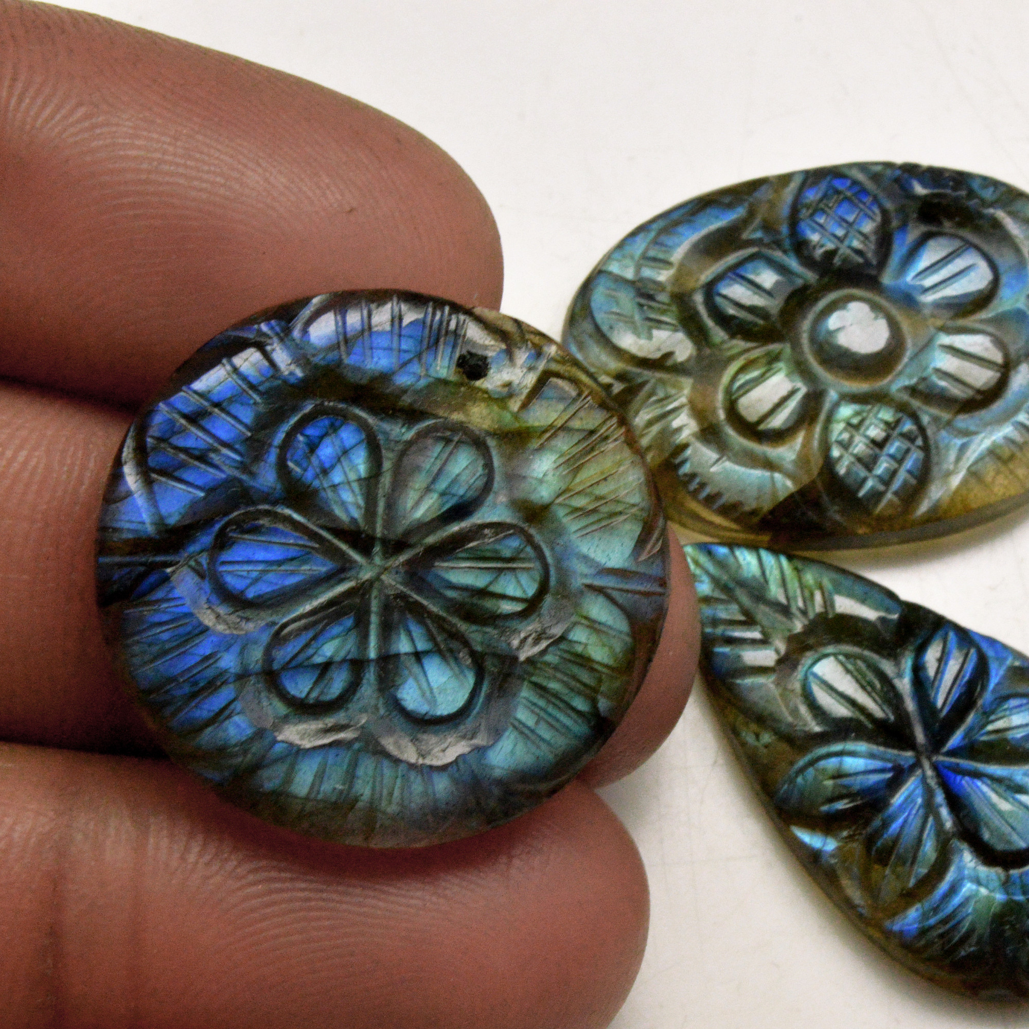 3 Pcs 73 Cts Natural Labradorite Carved Cabochon Blue Flashy Labradorite Carving Gemstone Mix Shape Loose Gemstone Flat Back Labradorite 30x13 24x24mm R-13642