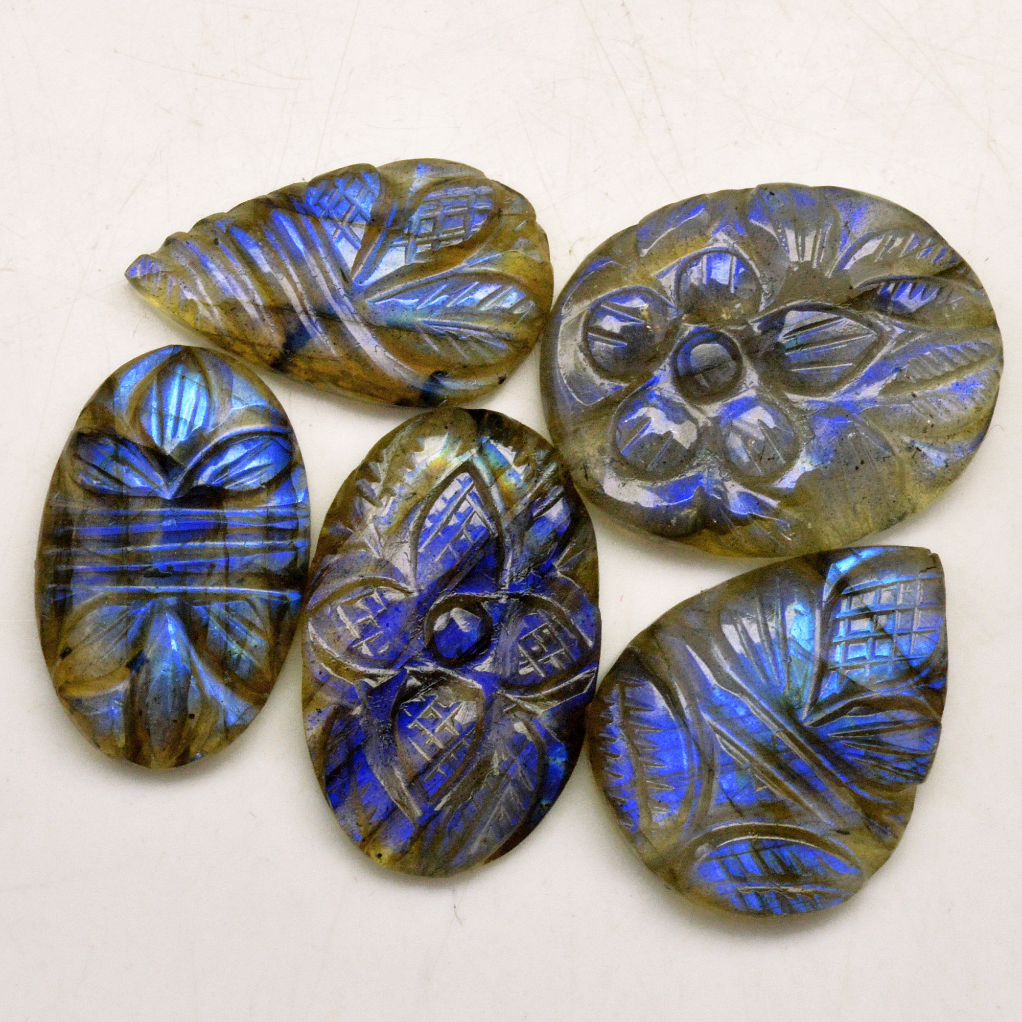 5 Pcs 74 Cts Natural Labradorite Carved Cabochon Blue Flashy Labradorite Carving Gemstone Mix Shape Loose Gemstone Flat Back Labradorite 26x21 22x12mm R-13643