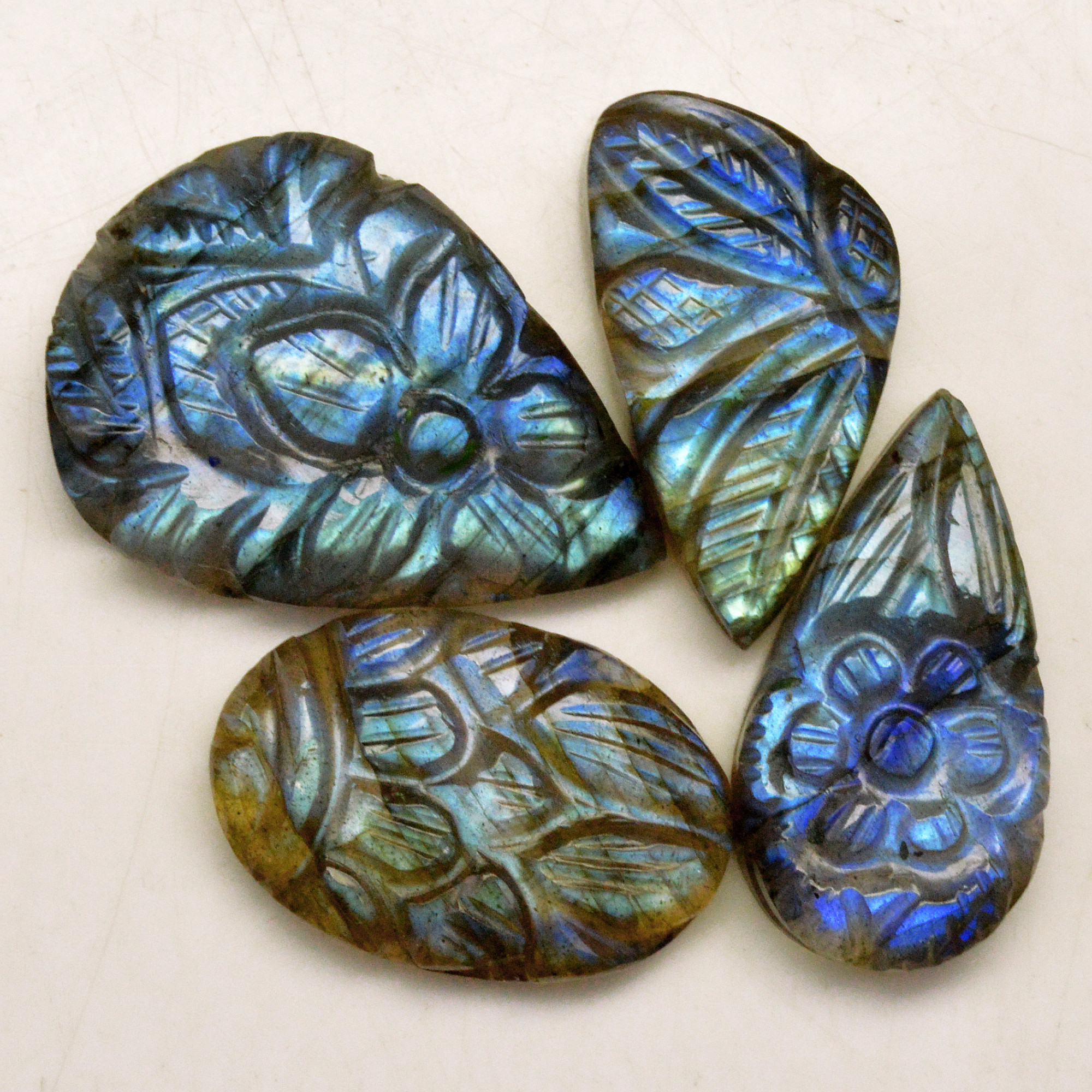 4 Pcs 59 Cts Natural Labradorite Carved Cabochon Blue Flashy Labradorite Carving Gemstone Mix Shape Loose Gemstone Flat Back Labradorite 29x20 19x13mm R-13644