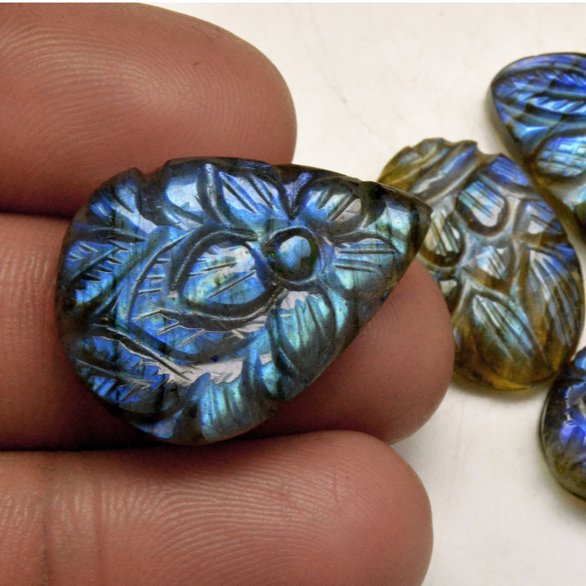 4 Pcs 59 Cts Natural Labradorite Carved Cabochon Blue Flashy Labradorite Carving Gemstone Mix Shape Loose Gemstone Flat Back Labradorite 29x20 19x13mm R-13644