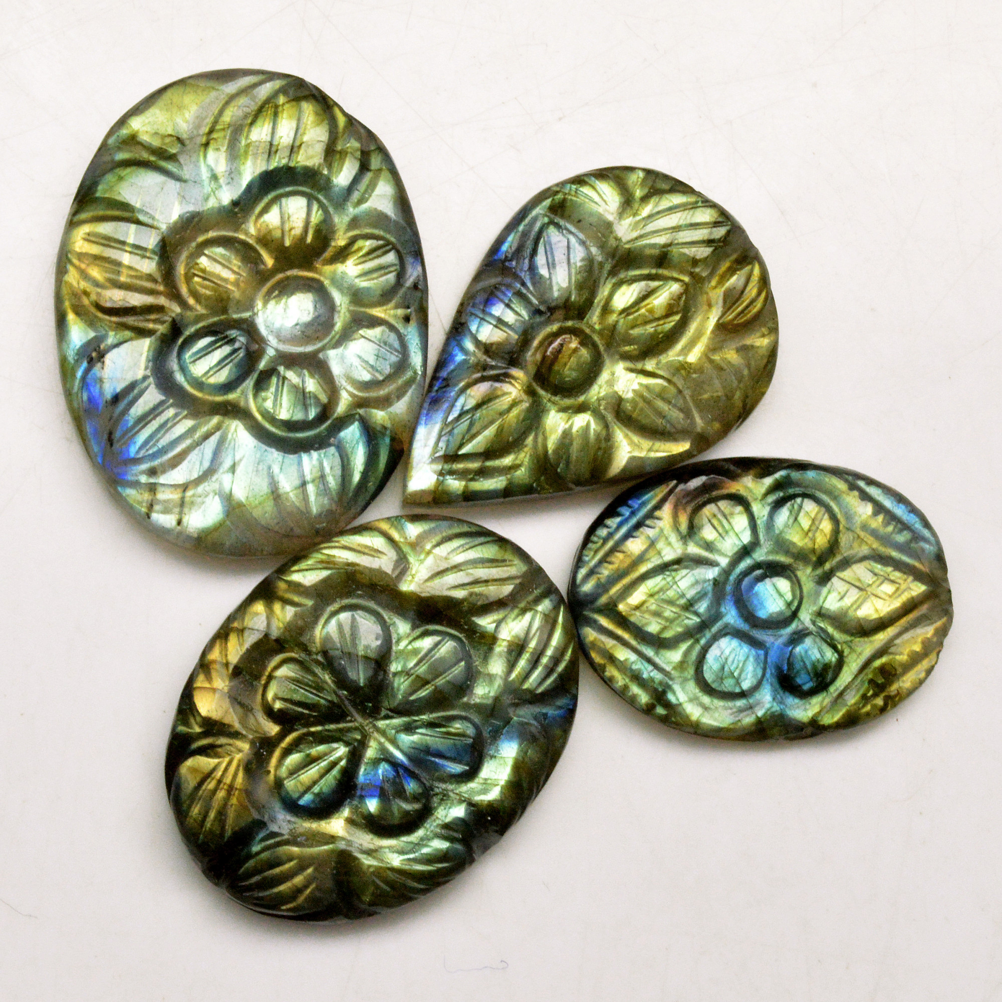 4 Pcs 108 Cts Natural Labradorite Carved Cabochon Blue Flashy Labradorite Carving Gemstone Mix Shape Loose Gemstone Flat Back Labradorite 31x22 24x19mm R-13645