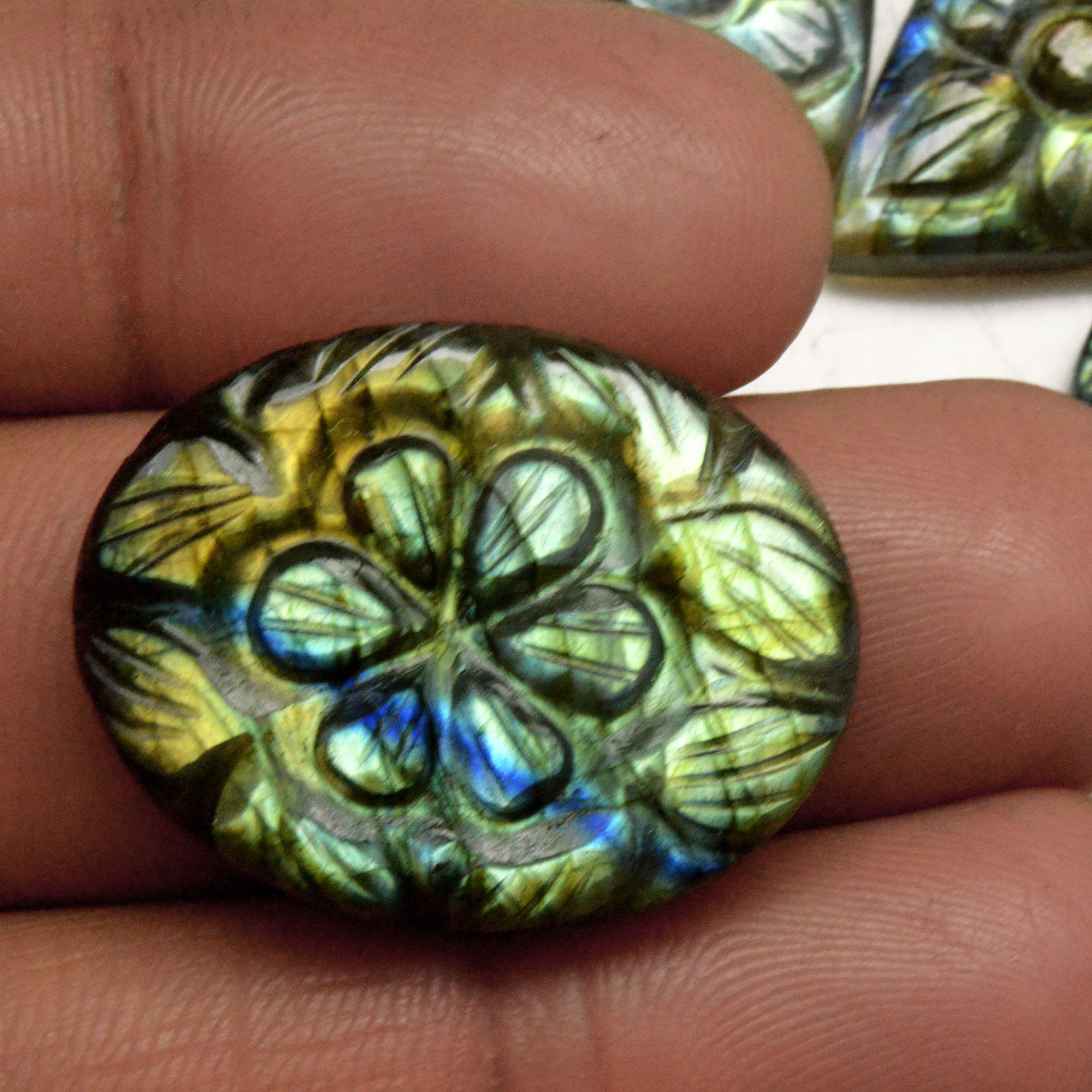 4 Pcs 108 Cts Natural Labradorite Carved Cabochon Blue Flashy Labradorite Carving Gemstone Mix Shape Loose Gemstone Flat Back Labradorite 31x22 24x19mm R-13645