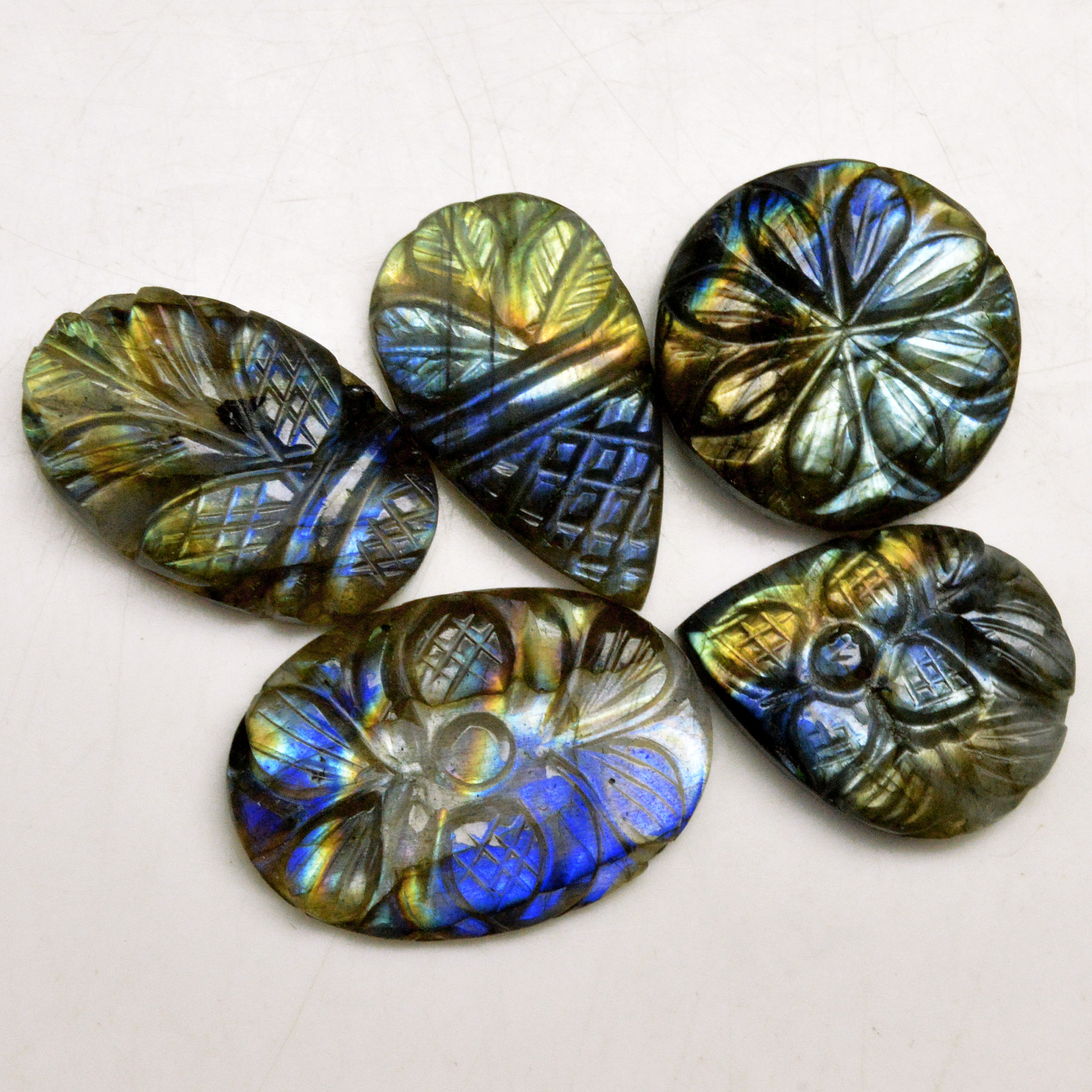 5 Pcs 78 Cts Natural Labradorite Carved Cabochon Blue Flashy Labradorite Carving Gemstone Mix Shape Loose Gemstone Flat Back Labradorite 26x18 21x15mm R-13646