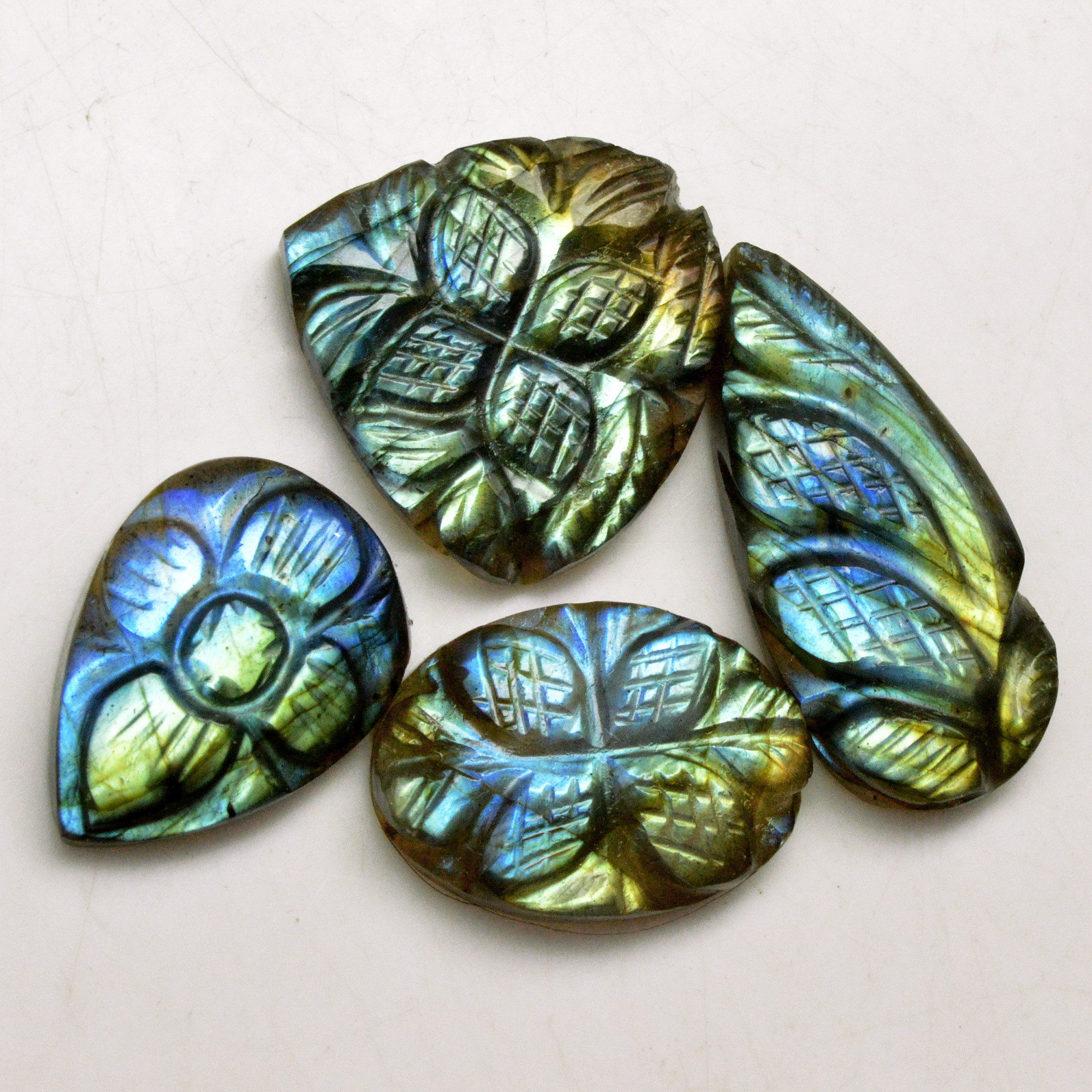 4 Pcs 63 Cts Natural Labradorite Carved Cabochon Blue Flashy Labradorite Carving Gemstone Mix Shape Loose Gemstone Flat Back Labradorite 30x10 20x13mm R-13647