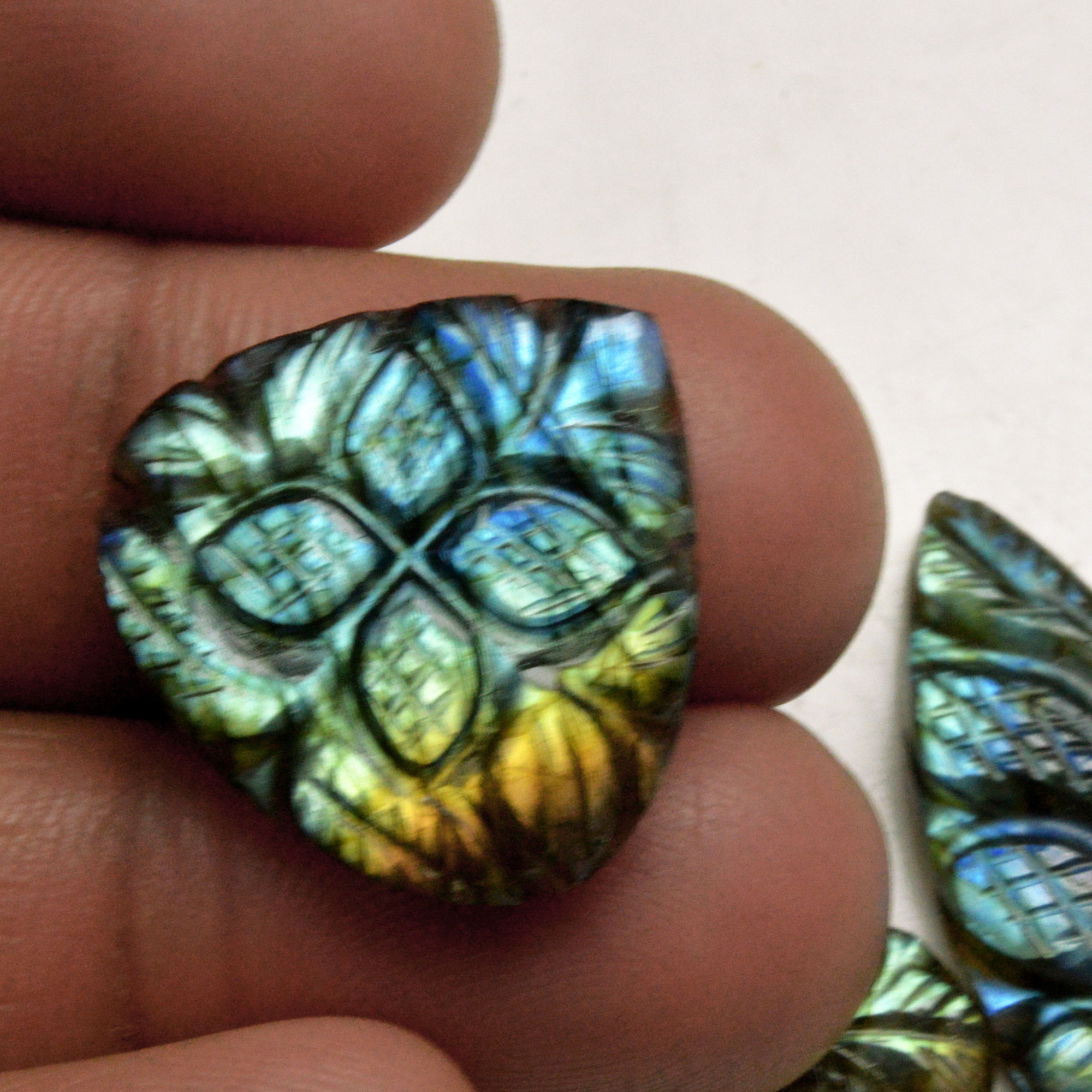 4 Pcs 63 Cts Natural Labradorite Carved Cabochon Blue Flashy Labradorite Carving Gemstone Mix Shape Loose Gemstone Flat Back Labradorite 30x10 20x13mm R-13647
