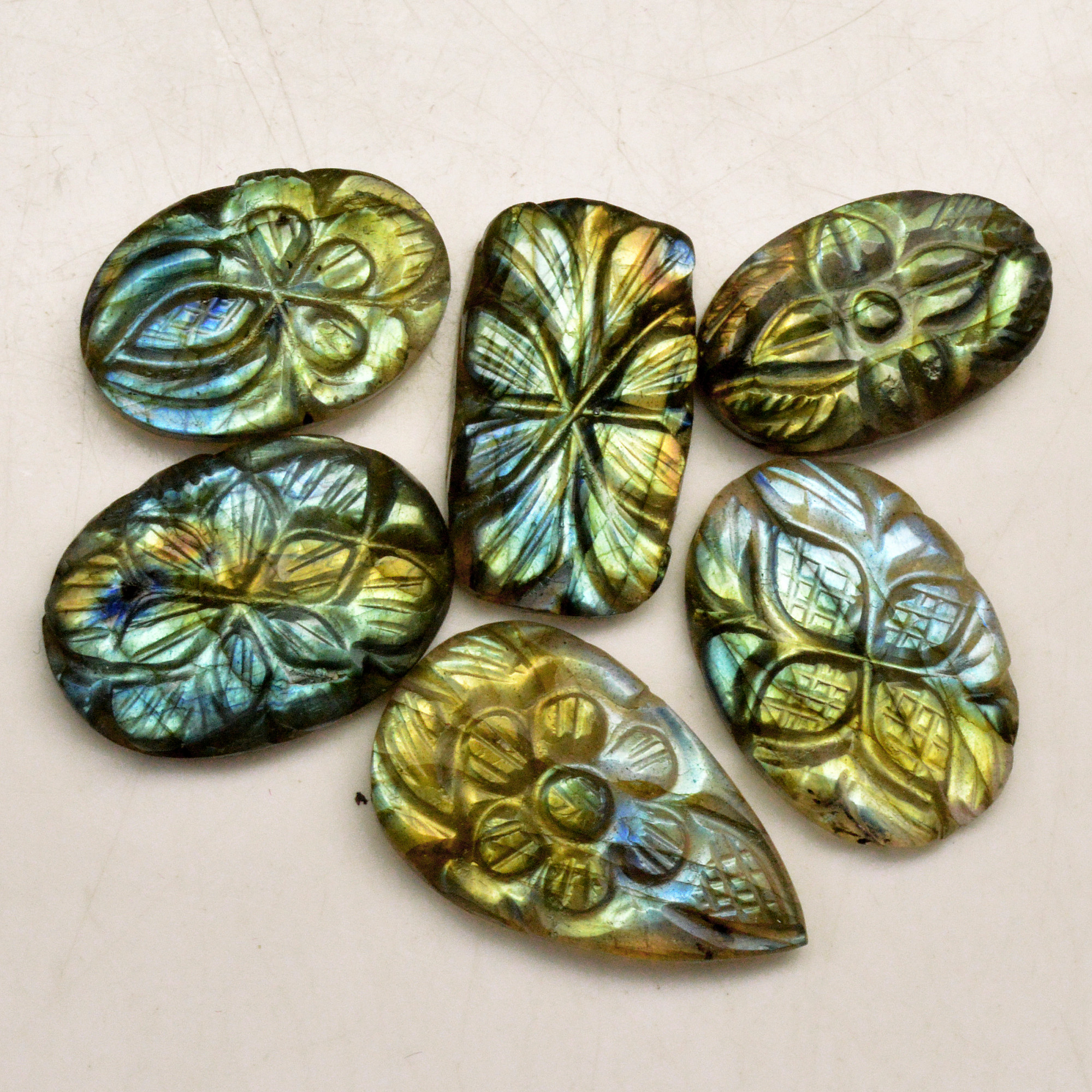 6 Pcs 85 Cts Natural Labradorite Carved Cabochon Blue Flashy Labradorite Carving Gemstone Mix Shape Loose Gemstone Flat Back Labradorite 25x14 20x10mm R-13648