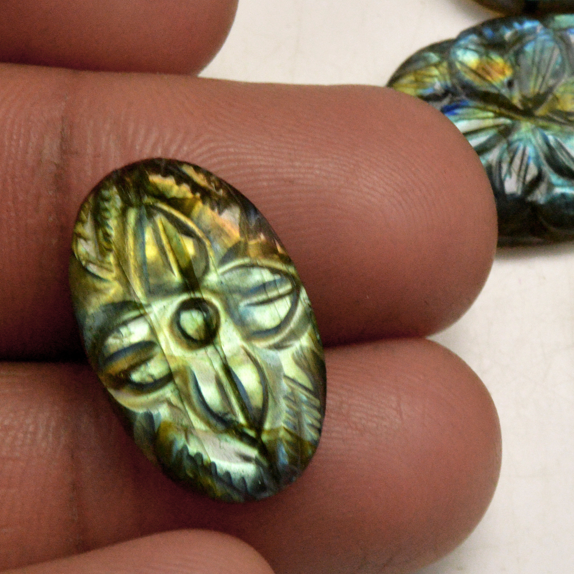 6 Pcs 85 Cts Natural Labradorite Carved Cabochon Blue Flashy Labradorite Carving Gemstone Mix Shape Loose Gemstone Flat Back Labradorite 25x14 20x10mm R-13648