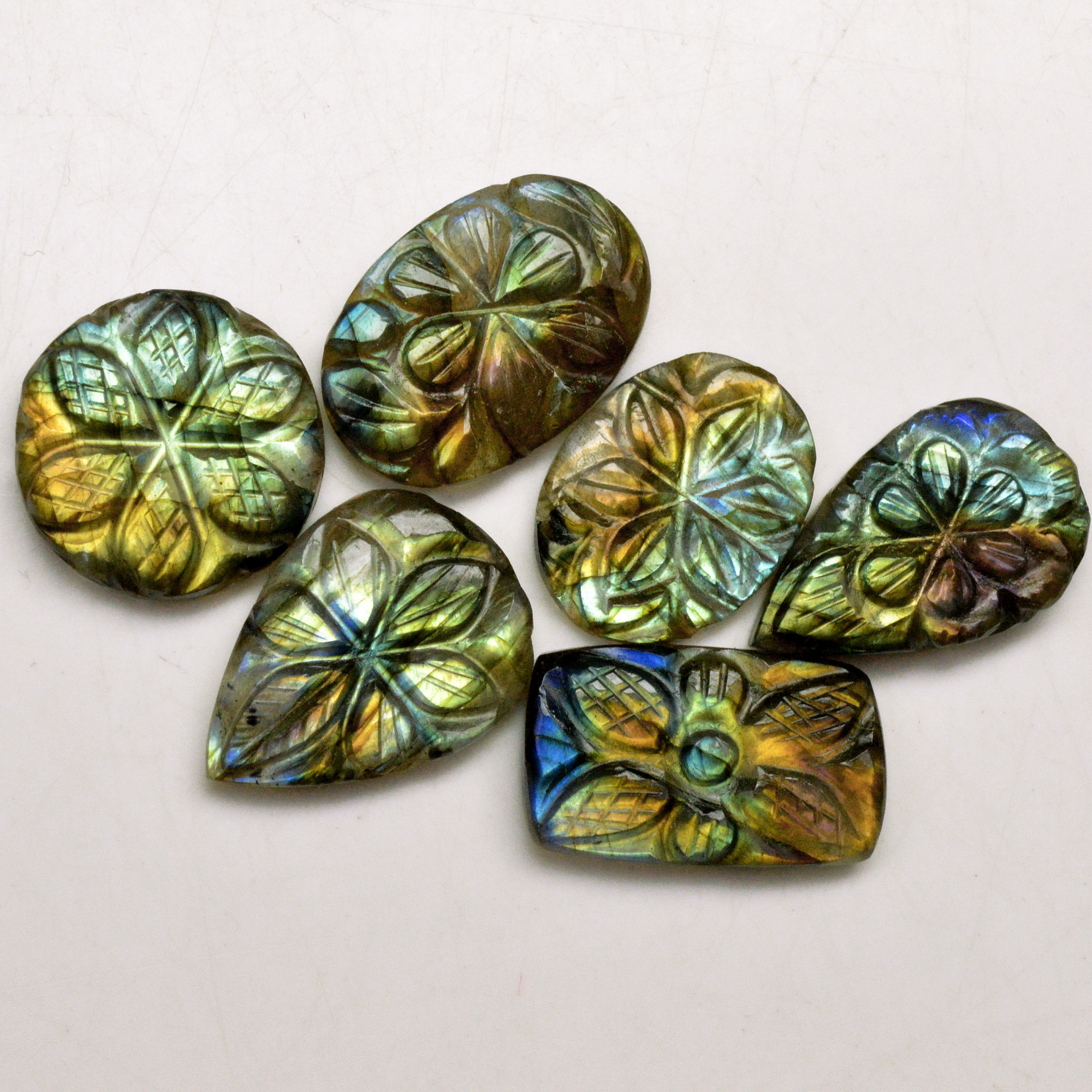 6 Pcs 84 Cts Natural Labradorite Carved Cabochon Blue Flashy Labradorite Carving Gemstone Mix Shape Loose Gemstone Flat Back Labradorite 22x14 20x20mm R-13649