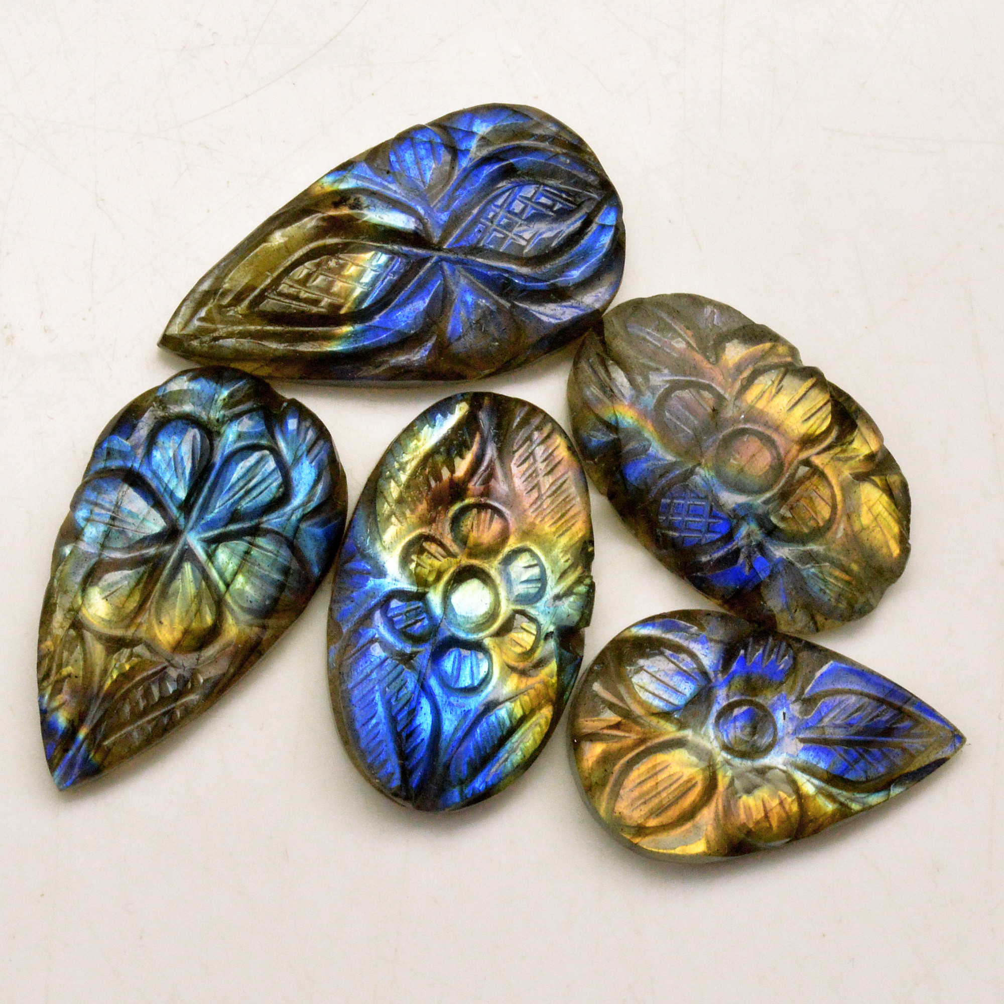 5 Pcs 74 Cts Natural Labradorite Carved Cabochon Blue Flashy Labradorite Carving Gemstone Mix Shape Loose Gemstone Flat Back Labradorite 31x30 22x13mm R-13651