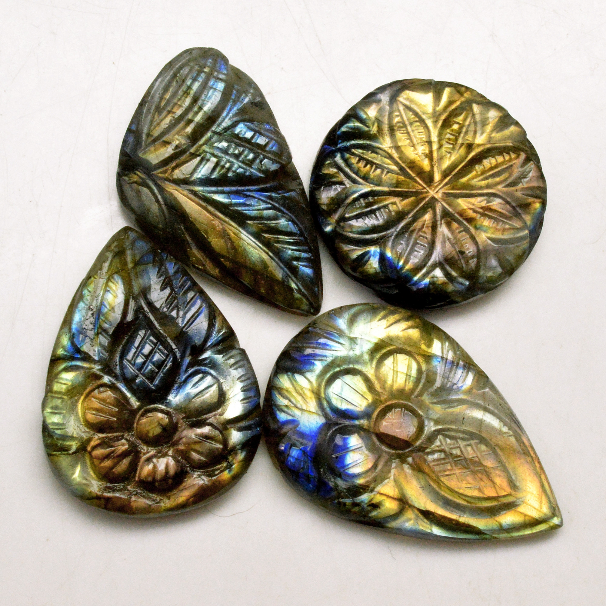 4 Pcs 97 Cts Natural Labradorite Carved Cabochon Blue Flashy Labradorite Carving Gemstone Mix Shape Loose Gemstone Flat Back Labradorite 29x20 20x20mm R-13652