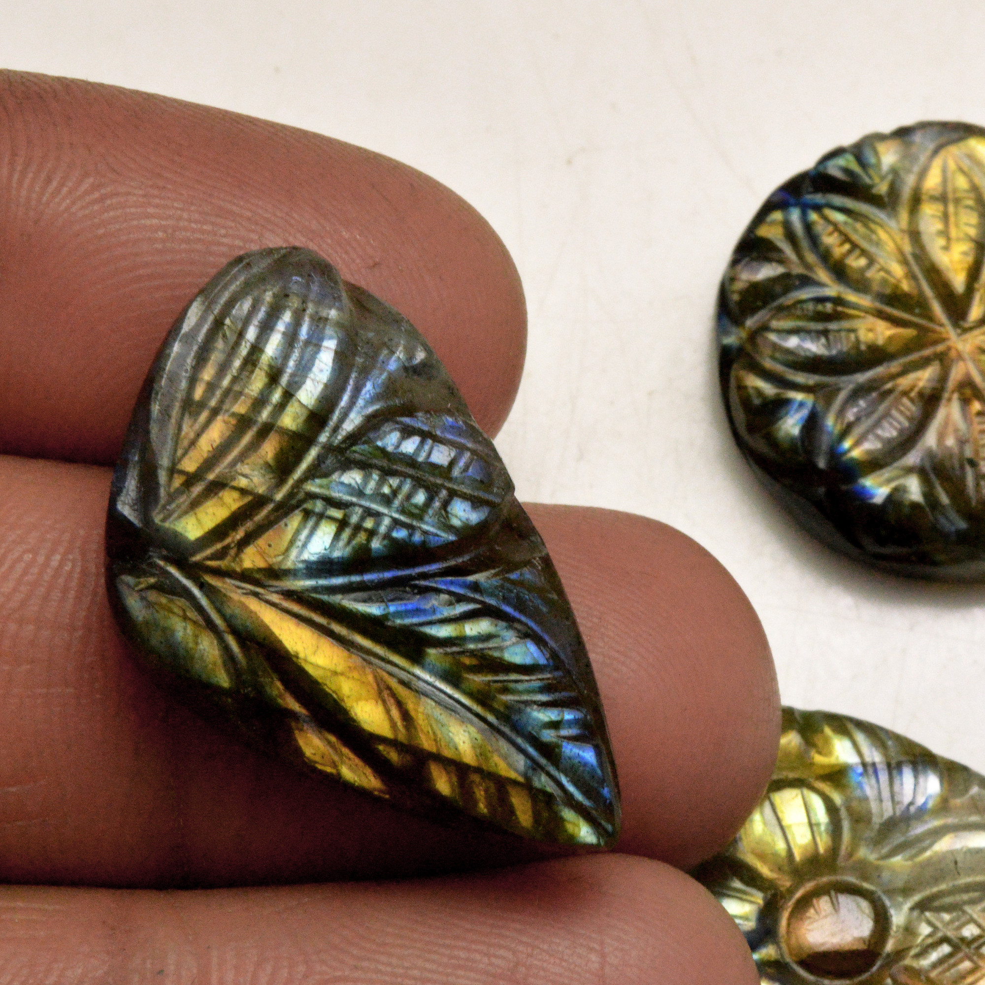 4 Pcs 97 Cts Natural Labradorite Carved Cabochon Blue Flashy Labradorite Carving Gemstone Mix Shape Loose Gemstone Flat Back Labradorite 29x20 20x20mm R-13652