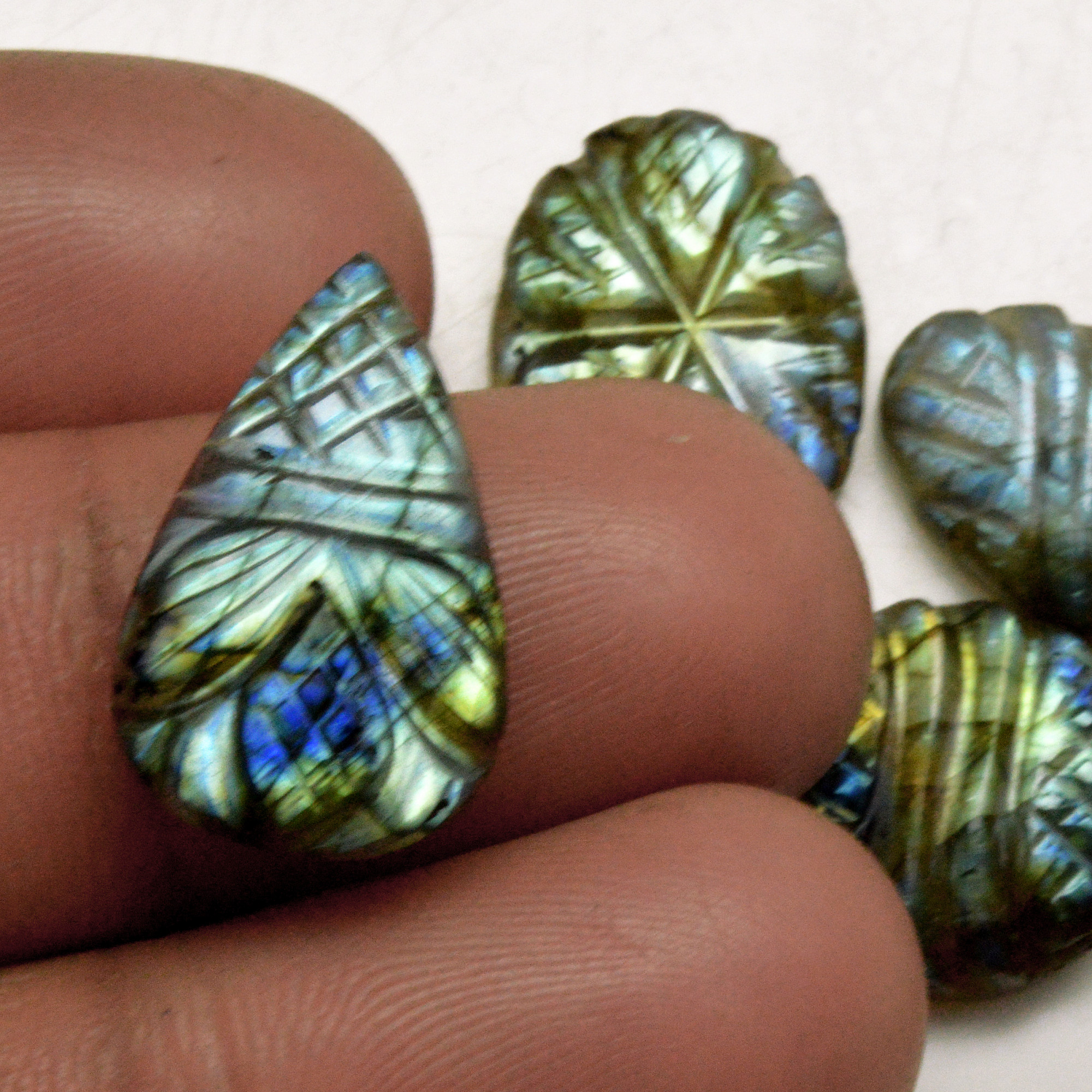 6 Pcs 58 Cts Natural Labradorite Carved Cabochon Blue Flashy Labradorite Carving Gemstone Mix Shape Loose Gemstone Flat Back Labradorite 19x13 17x10mm 13653