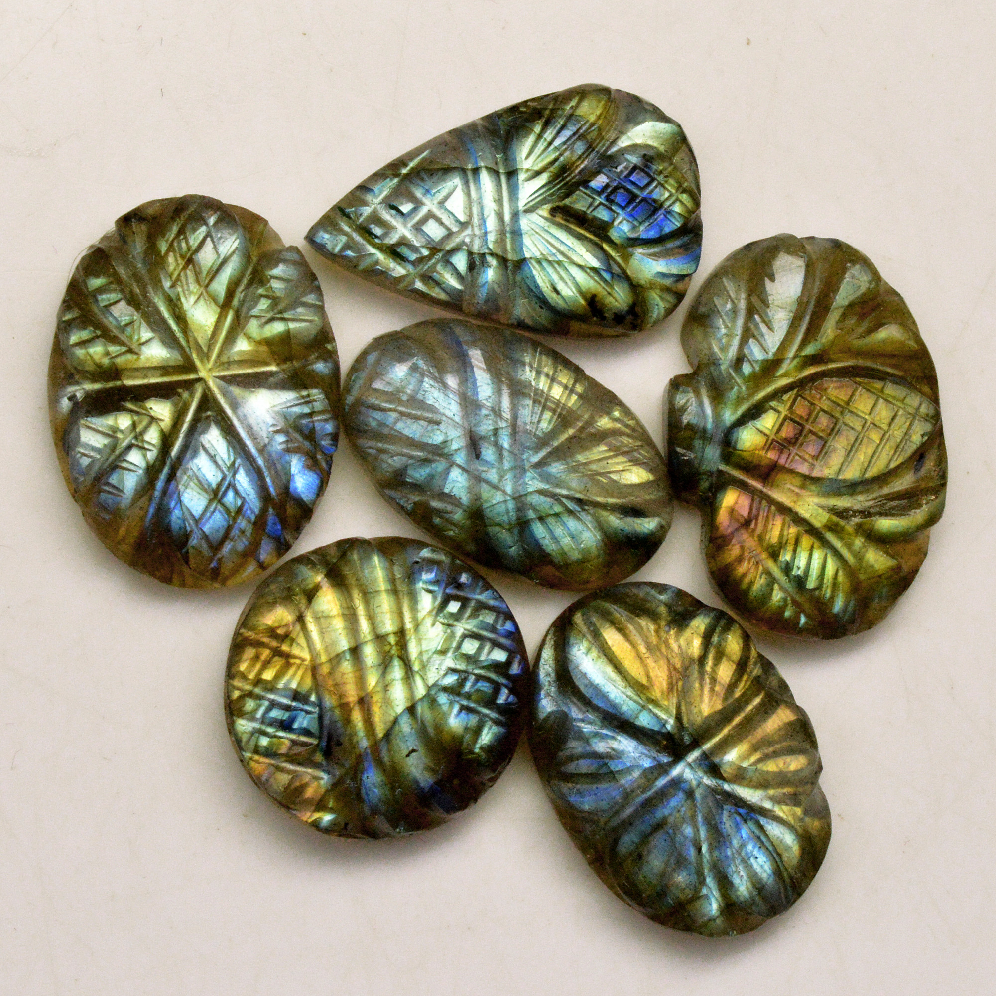 6 Pcs 58 Cts Natural Labradorite Carved Cabochon Blue Flashy Labradorite Carving Gemstone Mix Shape Loose Gemstone Flat Back Labradorite 19x13 17x10mm 13653