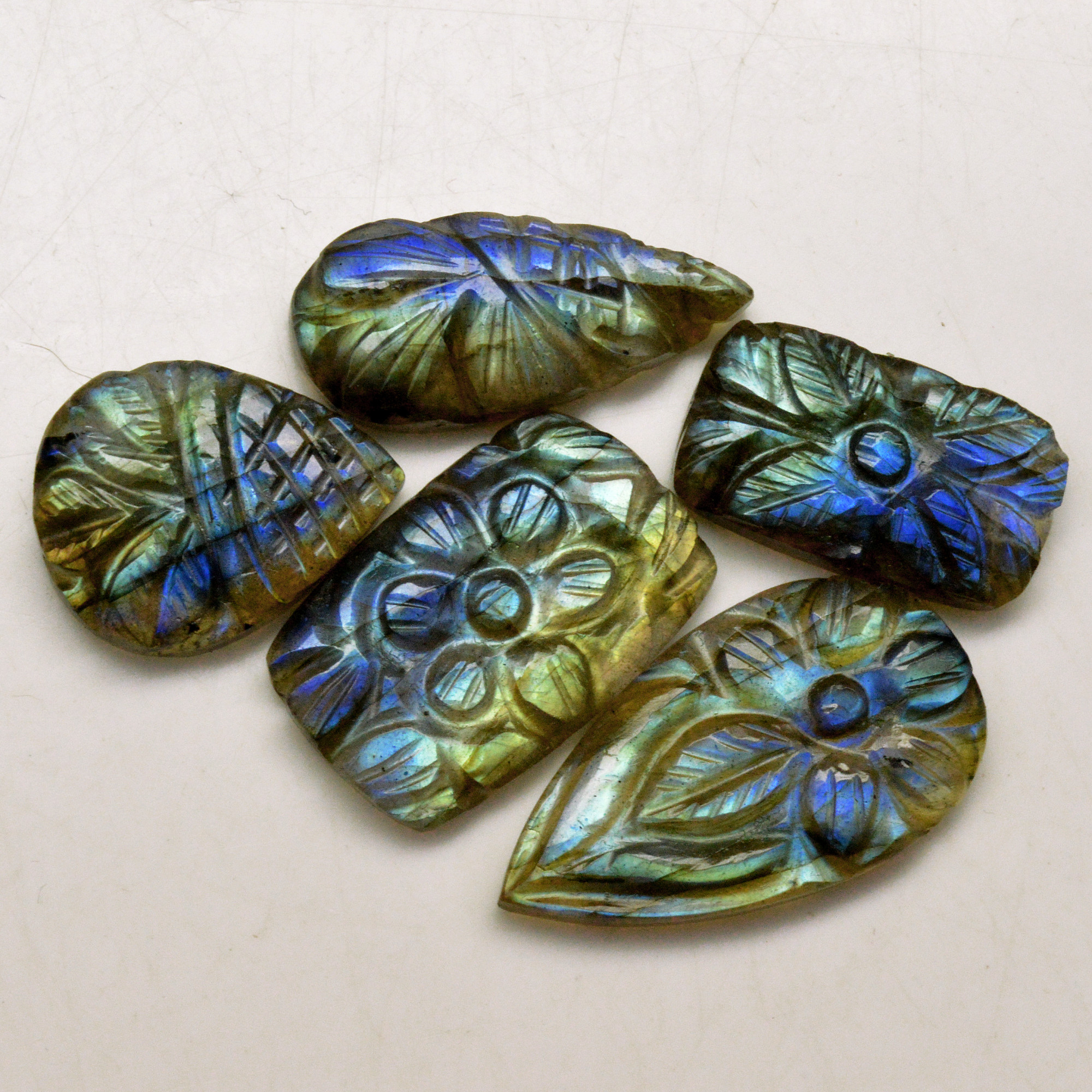 5 Pcs 67 Cts Natural Labradorite Carved Cabochon Blue Flashy Labradorite Carving Gemstone Mix Shape Loose Gemstone Flat Back Labradorite 30x15 20x14mm R-13654