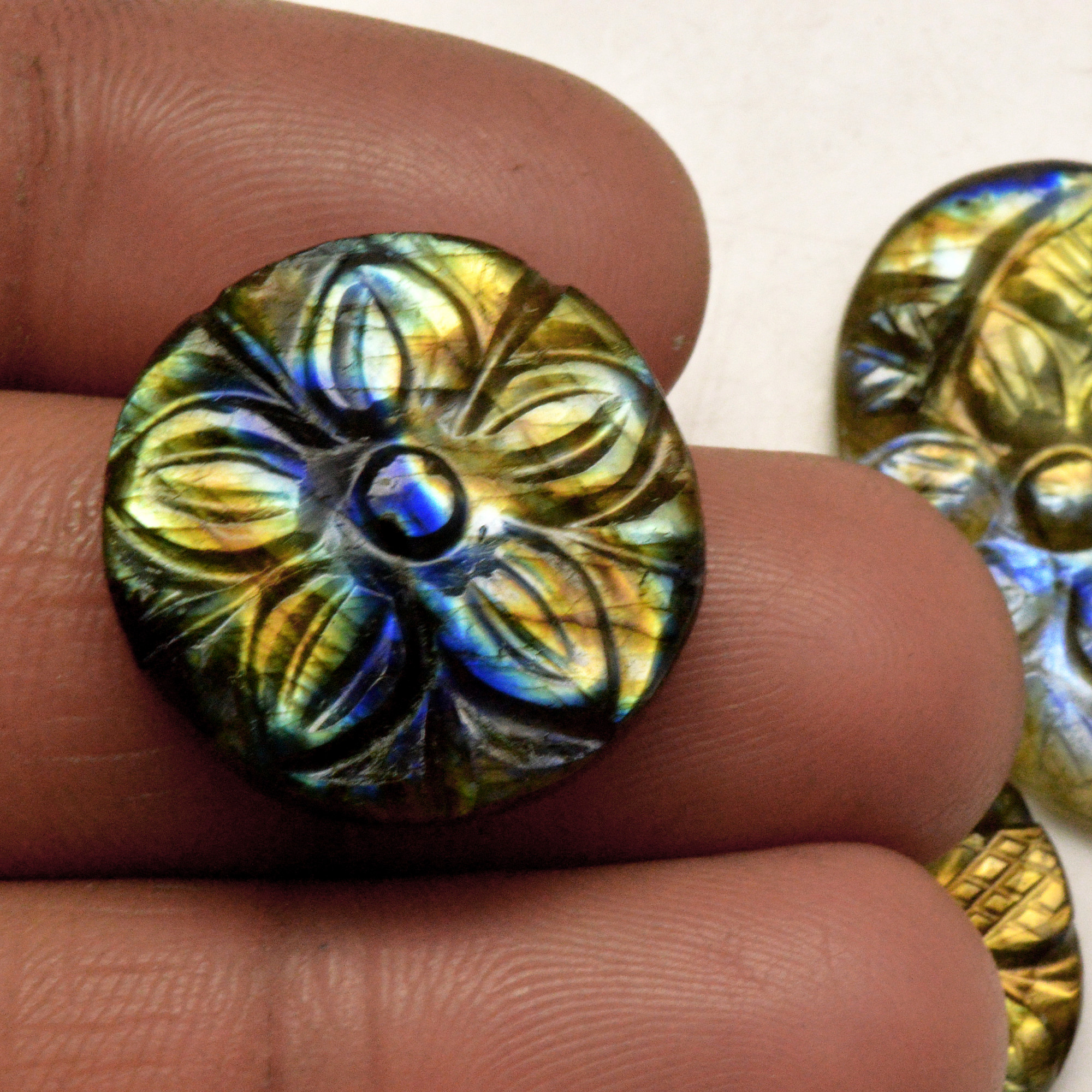 3 Pcs 74 Cts Natural Labradorite Carved Cabochon Blue Flashy Labradorite Carving Gemstone Mix Shape Loose Gemstone Flat Back Labradorite 31x21 20x20mm R-13655