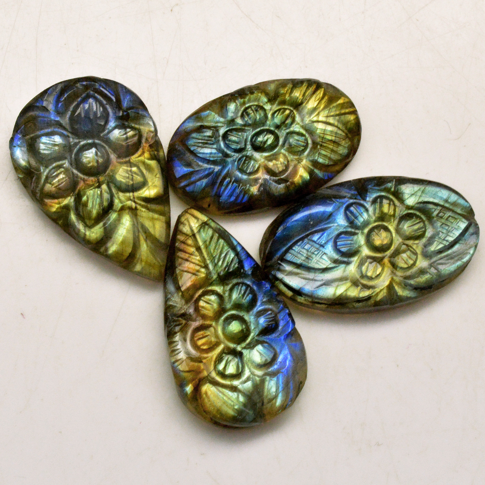 4 Pcs 60 Cts Natural Labradorite Carved Cabochon Blue Flashy Labradorite Carving Gemstone Mix Shape Loose Gemstone Flat Back Labradorite 26x12 20x12mm R-13657