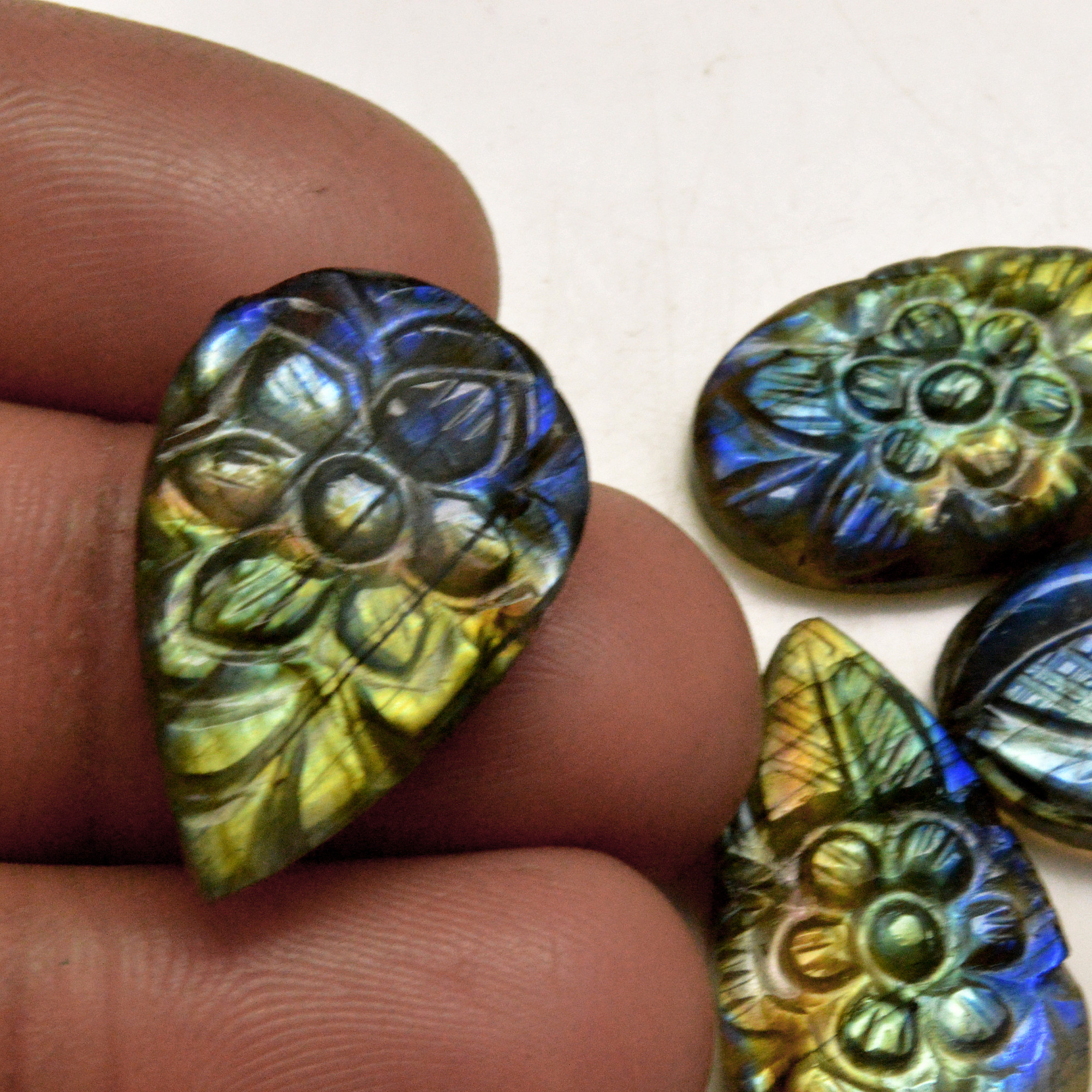 4 Pcs 60 Cts Natural Labradorite Carved Cabochon Blue Flashy Labradorite Carving Gemstone Mix Shape Loose Gemstone Flat Back Labradorite 26x12 20x12mm R-13657