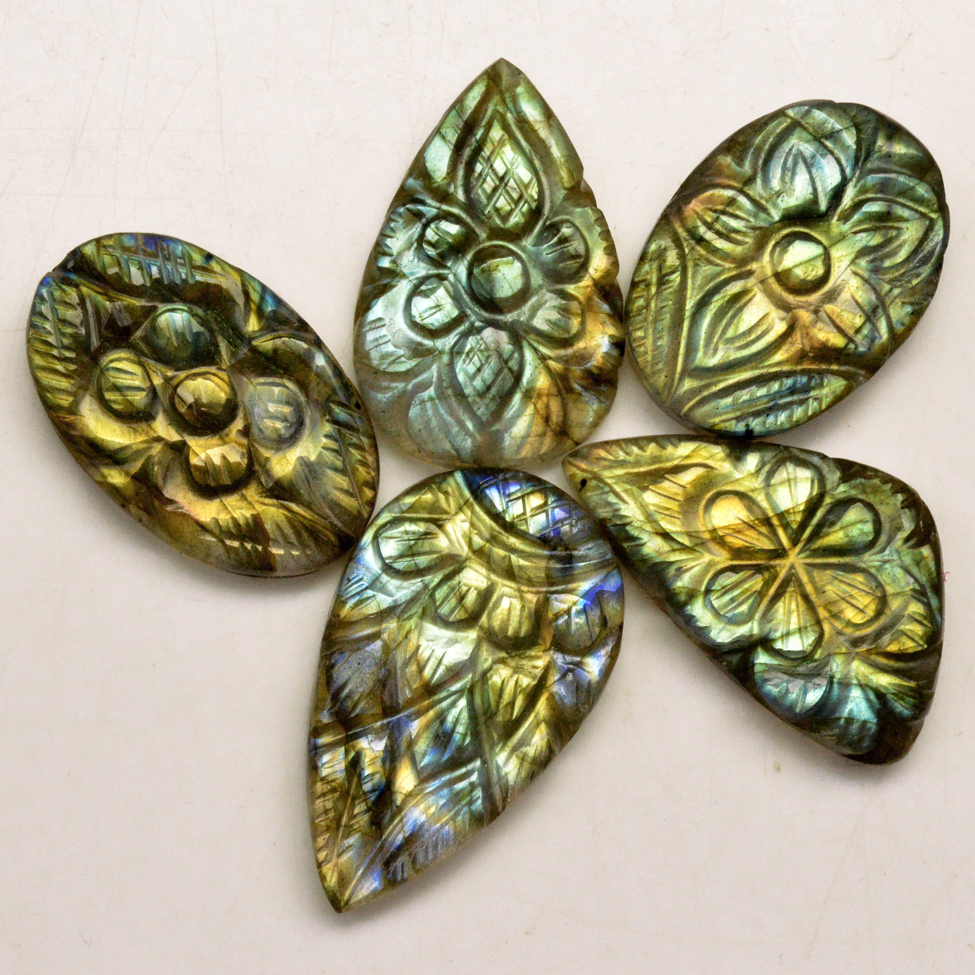 5 Pcs 108 Cts Natural Labradorite Carved Cabochon Blue Flashy Labradorite Carving Gemstone Mix Shape Loose Gemstone Flat Back Labradorite 31x19 29x18mm R-13658