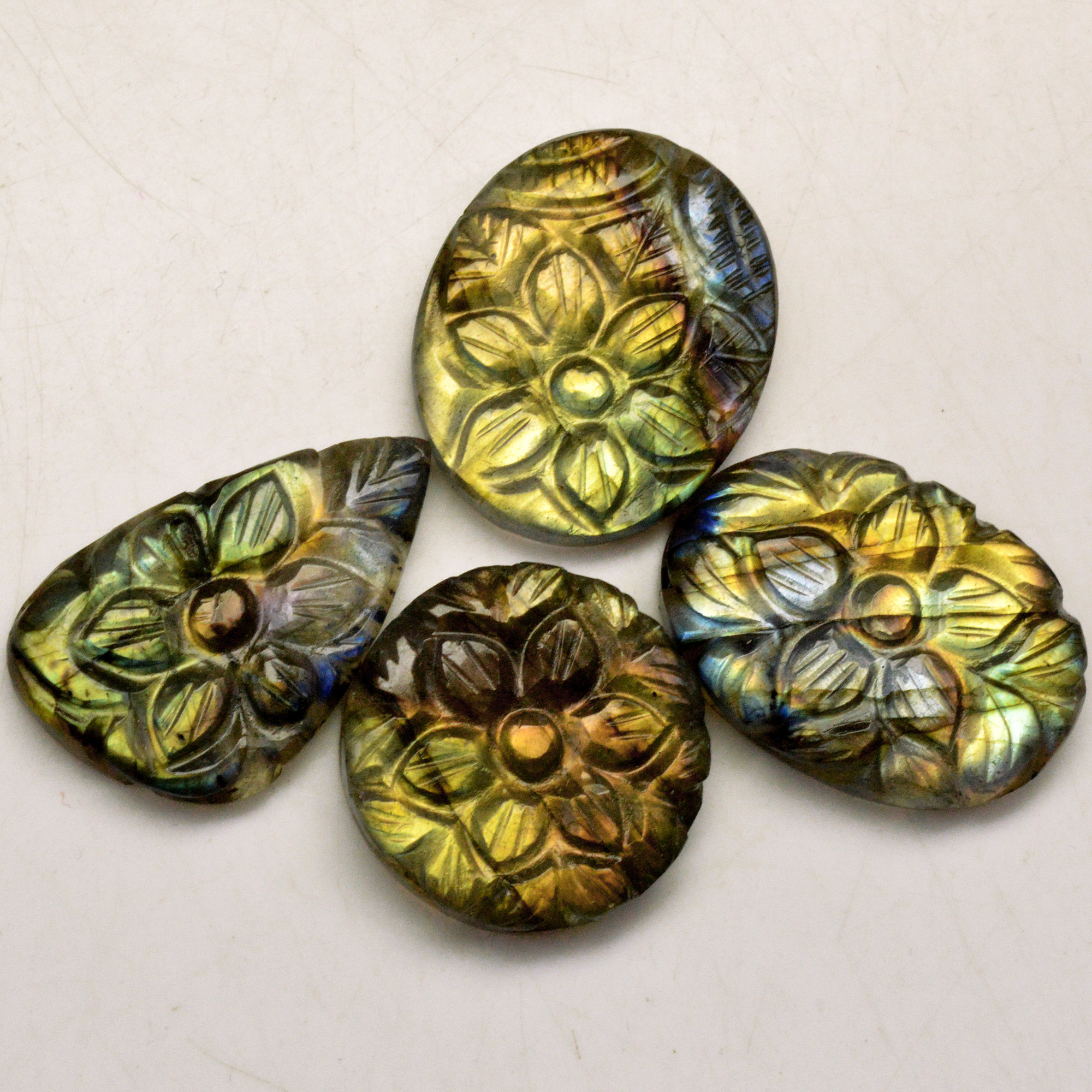 4 Pcs 96 Cts Natural Labradorite Carved Cabochon Blue Flashy Labradorite Carving Gemstone Mix Shape Loose Gemstone Flat Back Labradorite 25x30 21x21mm R-13659