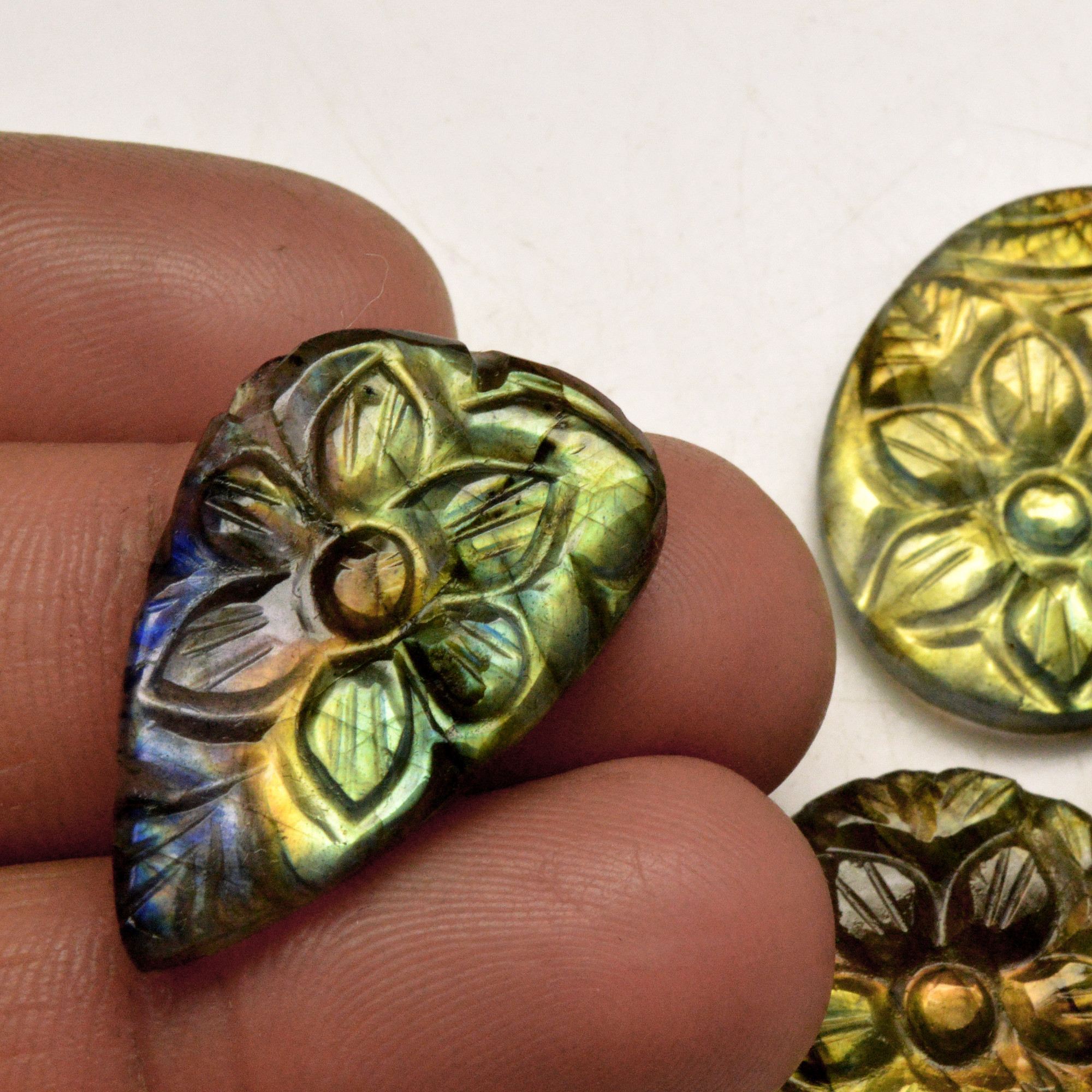 4 Pcs 96 Cts Natural Labradorite Carved Cabochon Blue Flashy Labradorite Carving Gemstone Mix Shape Loose Gemstone Flat Back Labradorite 25x30 21x21mm R-13659