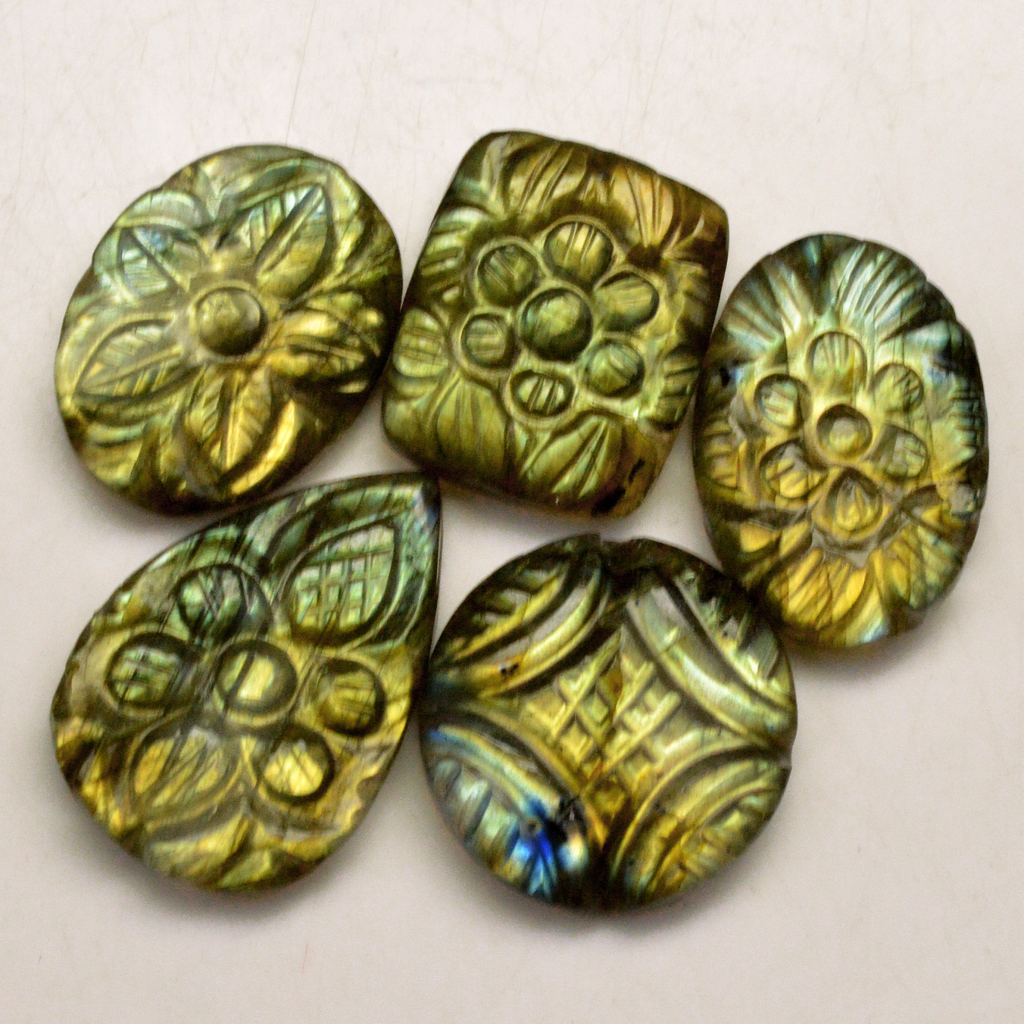 5 Pcs 85 Cts Natural Labradorite Carved Cabochon Blue Flashy Labradorite Carving Gemstone Mix Shape Loose Gemstone Flat Back Labradorite 25x15 21x15mm R-13665