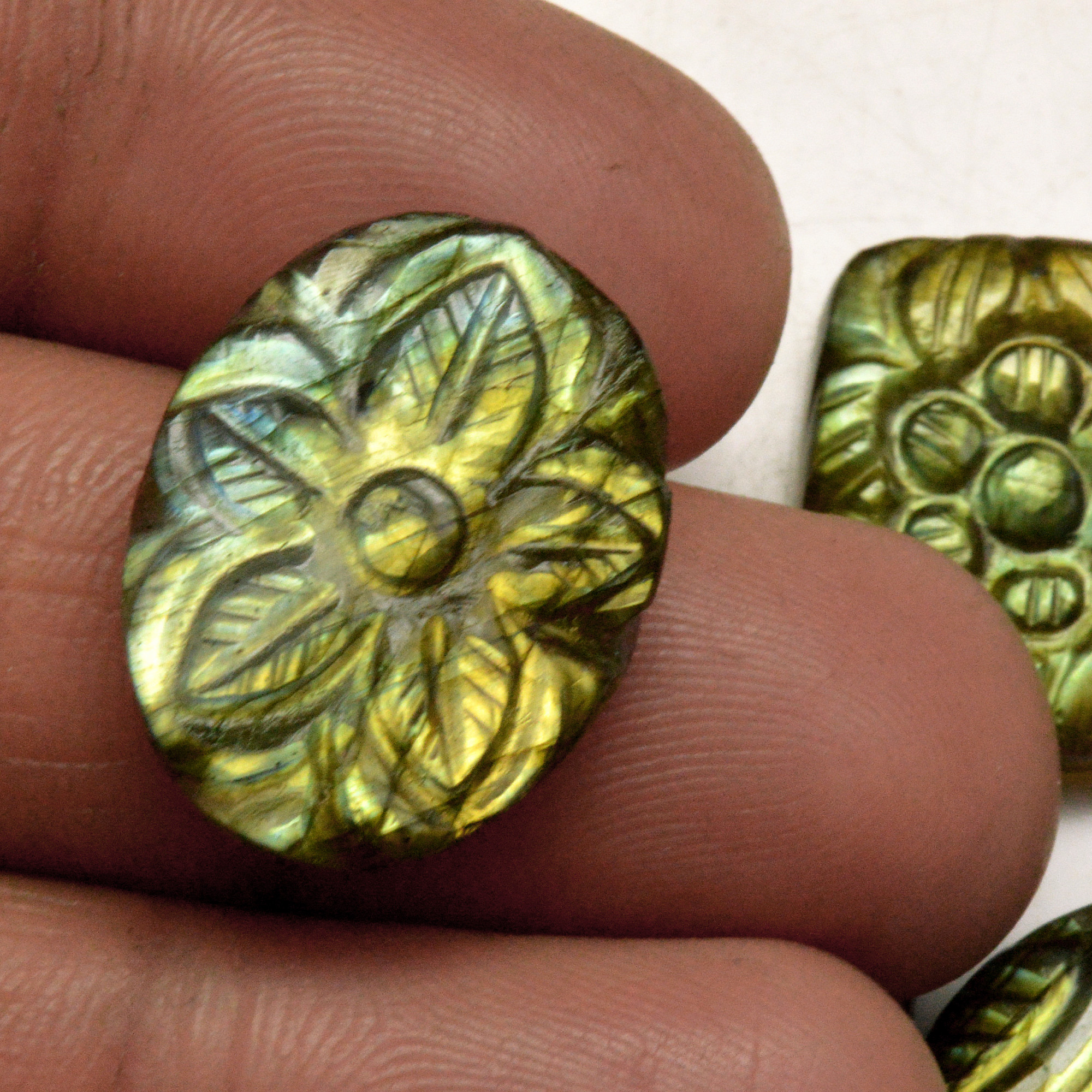 5 Pcs 85 Cts Natural Labradorite Carved Cabochon Blue Flashy Labradorite Carving Gemstone Mix Shape Loose Gemstone Flat Back Labradorite 25x15 21x15mm R-13665