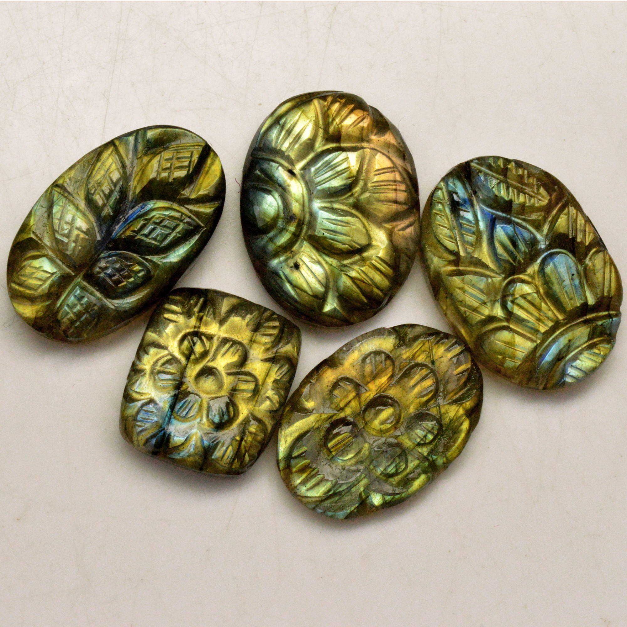 5 Pcs 77 Cts Natural Labradorite Carved Cabochon Blue Flashy Labradorite Carving Gemstone Mix Shape Loose Gemstone Flat Back Labradorite 23x13 13x12mm R-13666