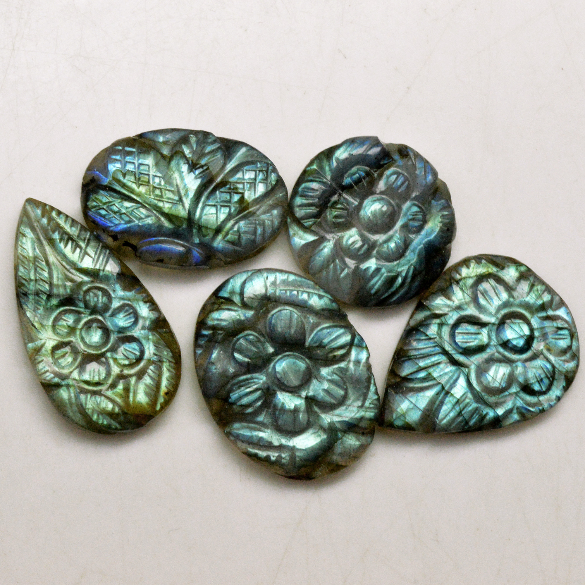 5 Pcs 65 Cts Natural Labradorite Carved Cabochon Blue Flashy Labradorite Carving Gemstone Mix Shape Loose Gemstone Flat Back Labradorite 24x13 17x17mm R-13667