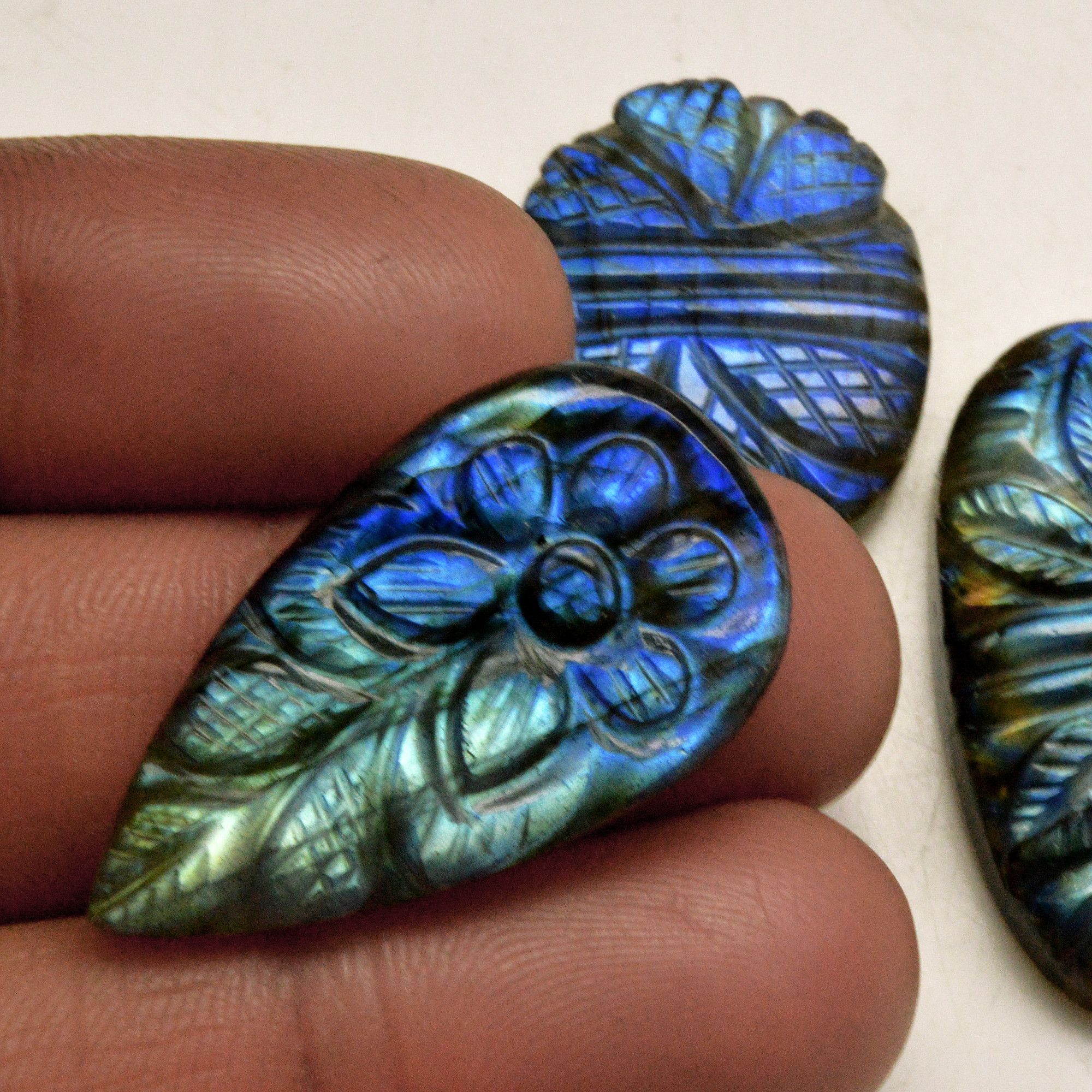 3 Pcs 93 Cts Natural Labradorite Carved Cabochon Blue Flashy Labradorite Carving Gemstone Mix Shape Loose Gemstone Flat Back Labradorite 34x18 24x20mm R-13670
