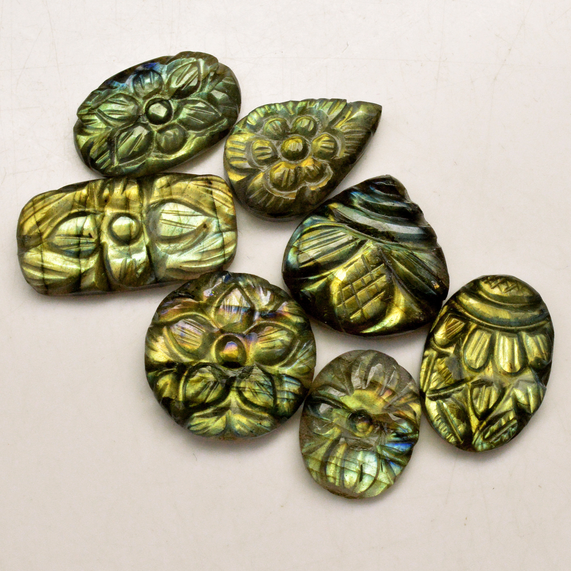 7 Pcs 94 Cts Natural Labradorite Carved Cabochon Blue Flashy Labradorite Carving Gemstone Mix Shape Loose Gemstone Flat Back Labradorite 11x12 13x12mm R-13671