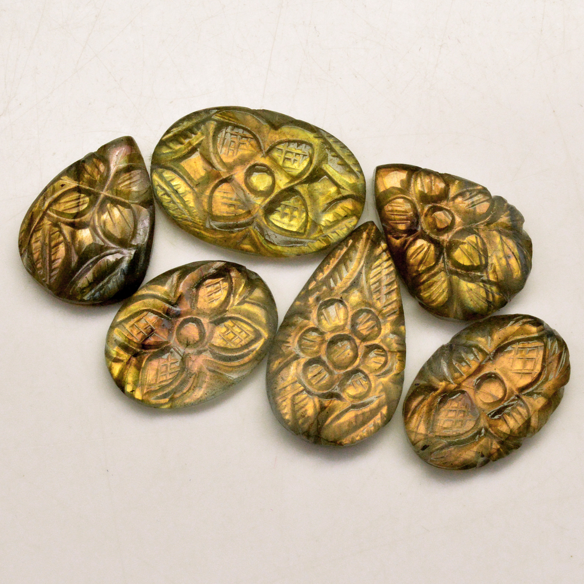 6 Pcs 78 Cts Natural Labradorite Carved Cabochon Blue Flashy Labradorite Carving Gemstone Mix Shape Loose Gemstone Flat Back Labradorite 24x17 19x13mm R-13673