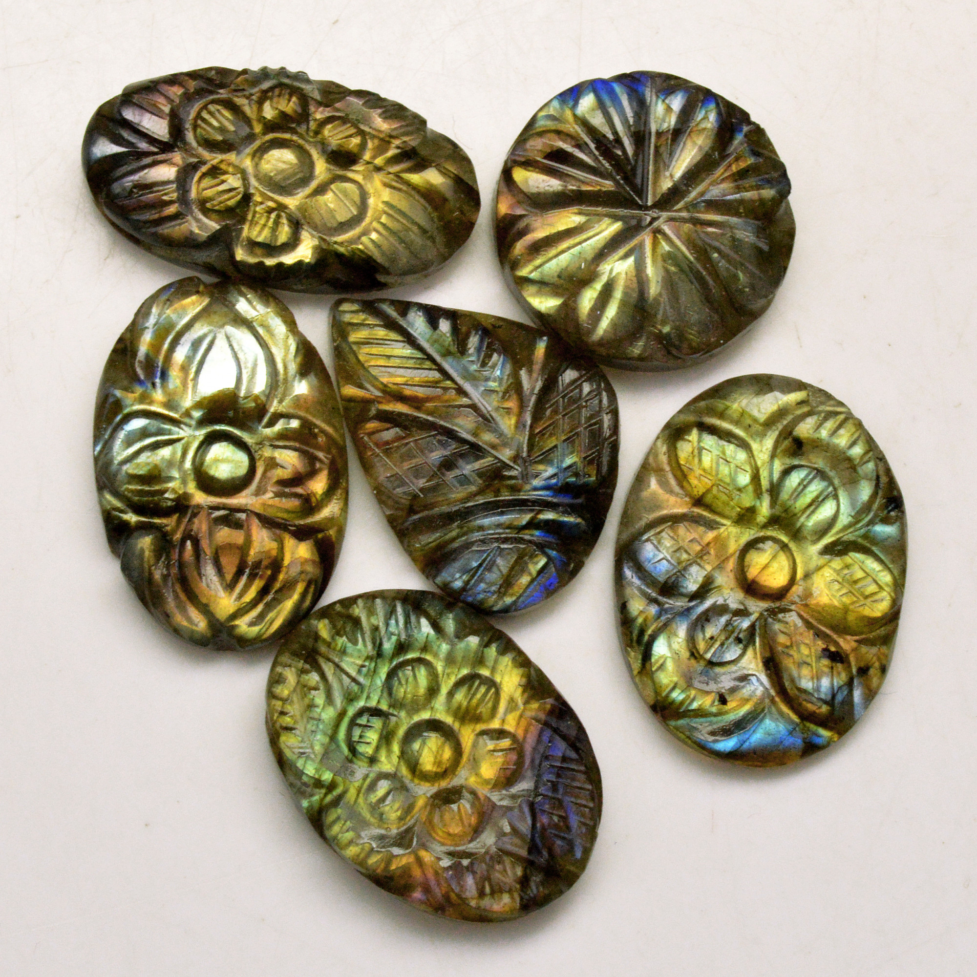6 Pcs 89 Cts Natural Labradorite Carved Cabochon Blue Flashy Labradorite Carving Gemstone Mix Shape Loose Gemstone Flat Back Labradorite 23x10 18x18mm R-13675