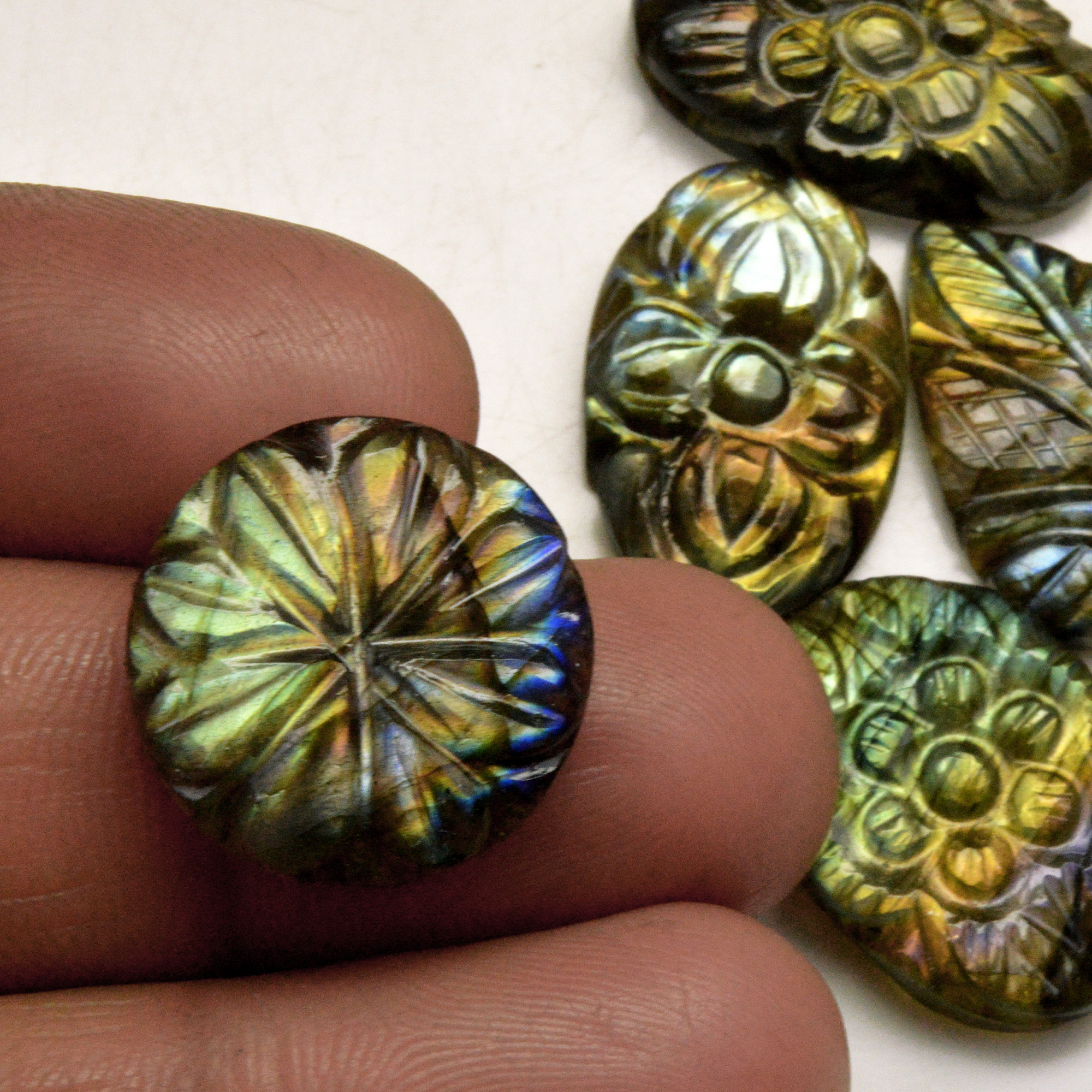 6 Pcs 89 Cts Natural Labradorite Carved Cabochon Blue Flashy Labradorite Carving Gemstone Mix Shape Loose Gemstone Flat Back Labradorite 23x10 18x18mm R-13675