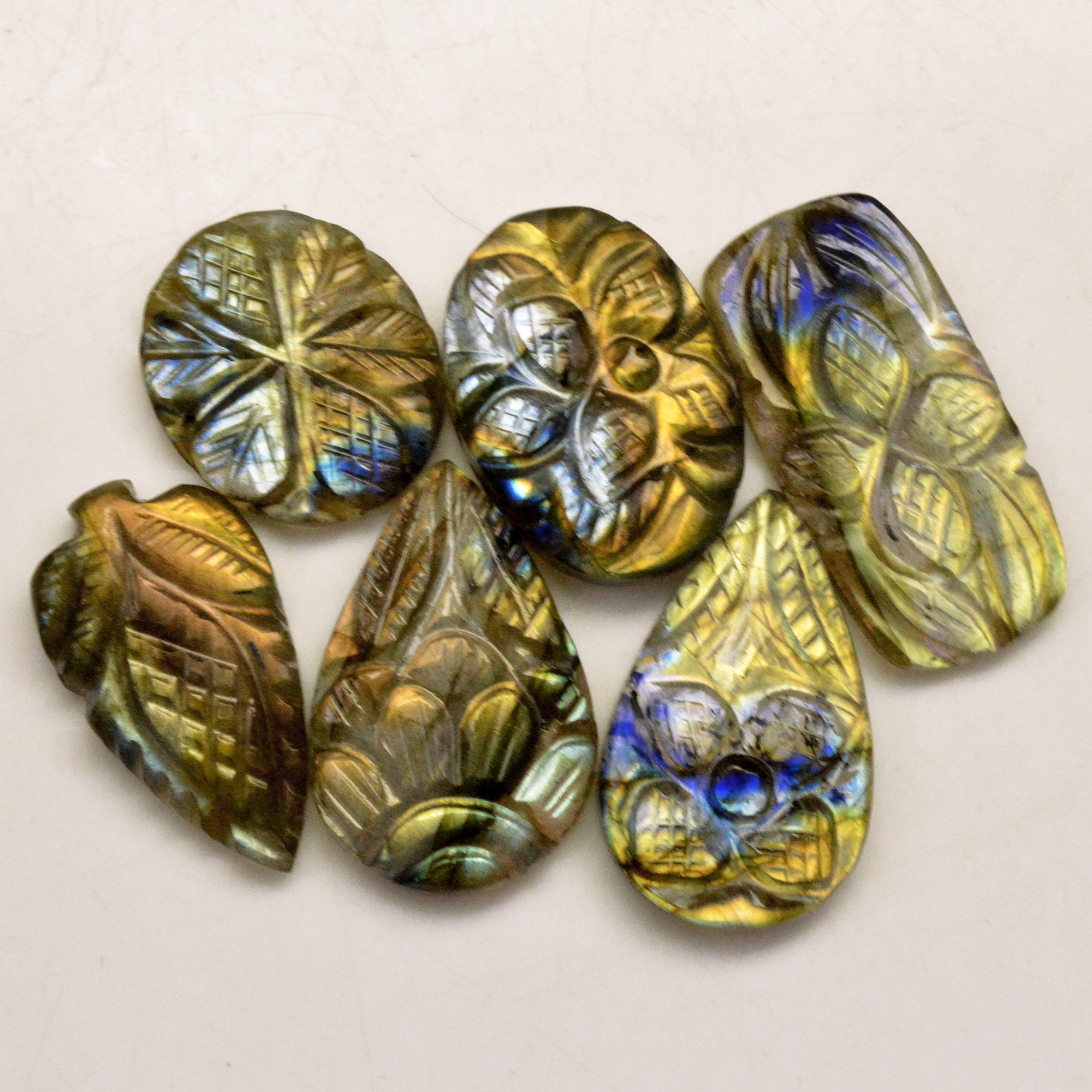 6 Pcs 93 Cts Natural Labradorite Carved Cabochon Blue Flashy Labradorite Carving Gemstone Mix Shape Loose Gemstone Flat Back Labradorite 30x12 20x14mm R-13676