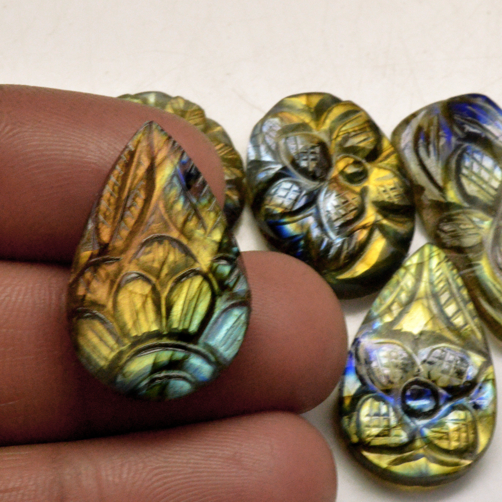 6 Pcs 93 Cts Natural Labradorite Carved Cabochon Blue Flashy Labradorite Carving Gemstone Mix Shape Loose Gemstone Flat Back Labradorite 30x12 20x14mm R-13676