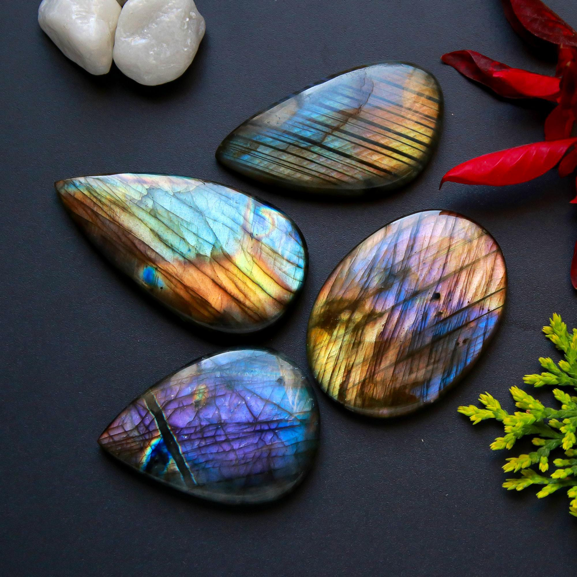 4 Pcs 198 Cts Natural Blue Labradorite Gemstone Cabochon Semi Precious Wholesale Lot Handmade Jewelry Making Supplies Pendant For Her 50x24 38x24mm13794
