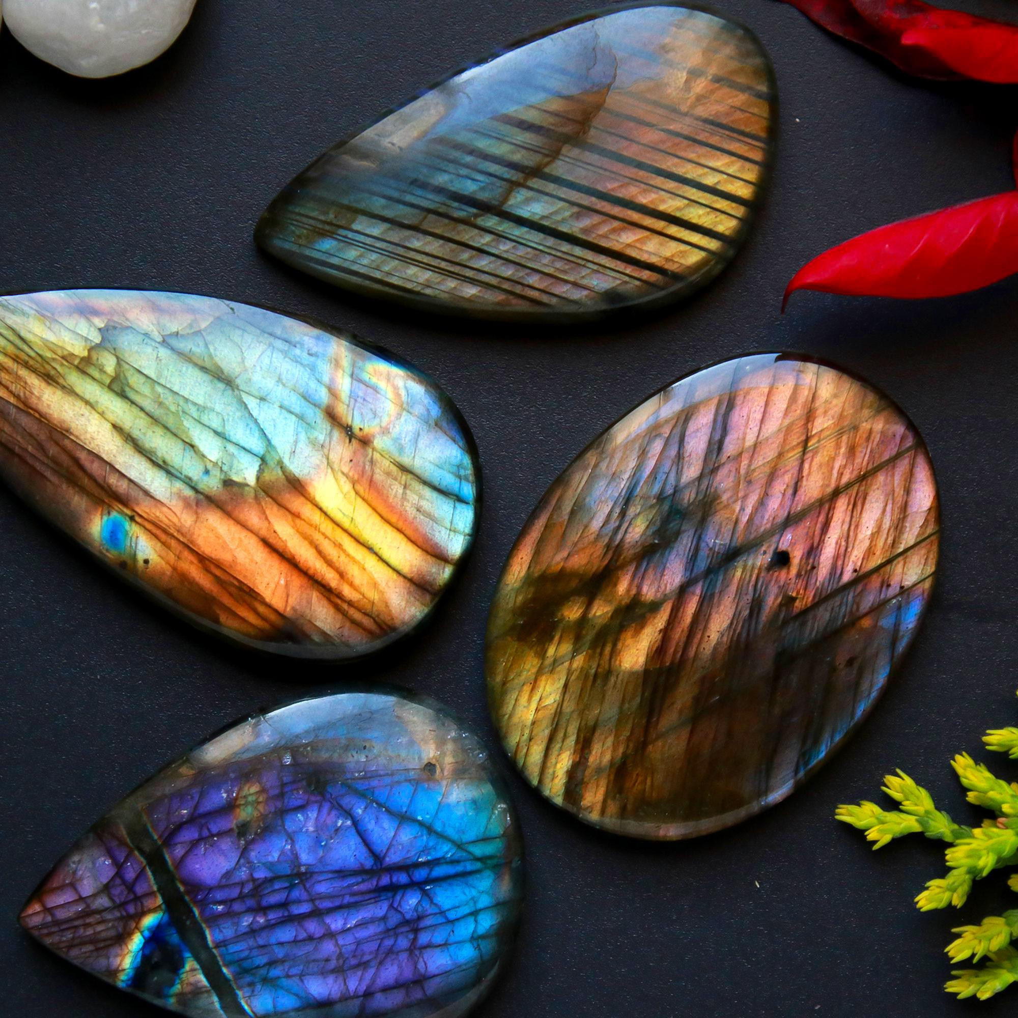 4 Pcs 198 Cts Natural Blue Labradorite Gemstone Cabochon Semi Precious Wholesale Lot Handmade Jewelry Making Supplies Pendant For Her 50x24 38x24mm13794