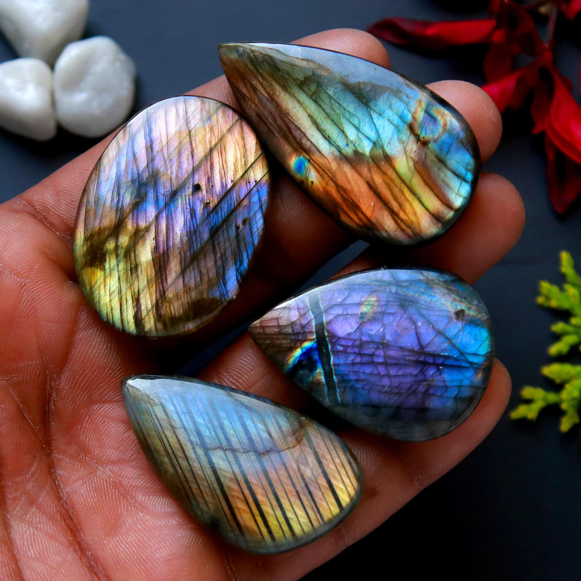 4 Pcs 198 Cts Natural Blue Labradorite Gemstone Cabochon Semi Precious Wholesale Lot Handmade Jewelry Making Supplies Pendant For Her 50x24 38x24mm13794