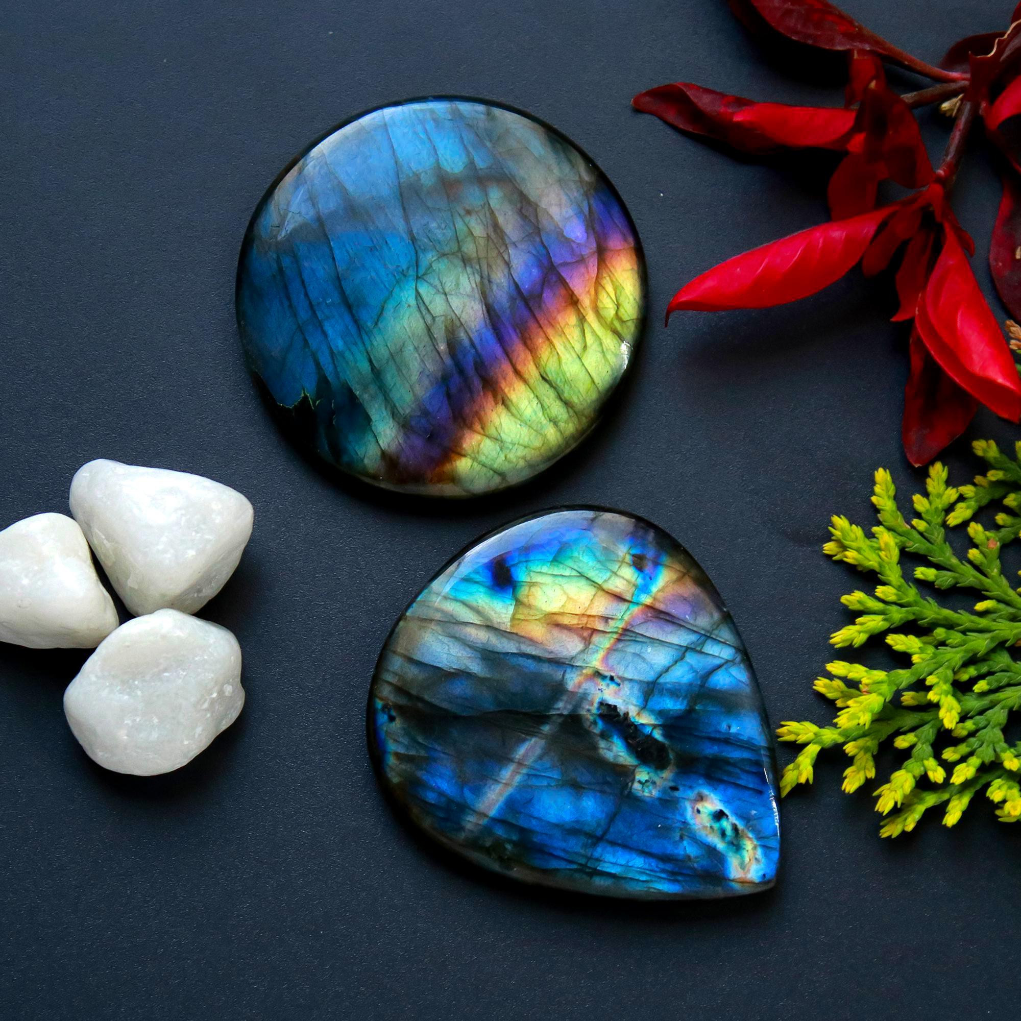 2 Pcs 163 Cts Natural Blue Labradorite Gemstone Cabochon Semi Precious Wholesale Lot Handmade Jewelry Making Supplies Pendant For Her 40x40 41x40mm13795