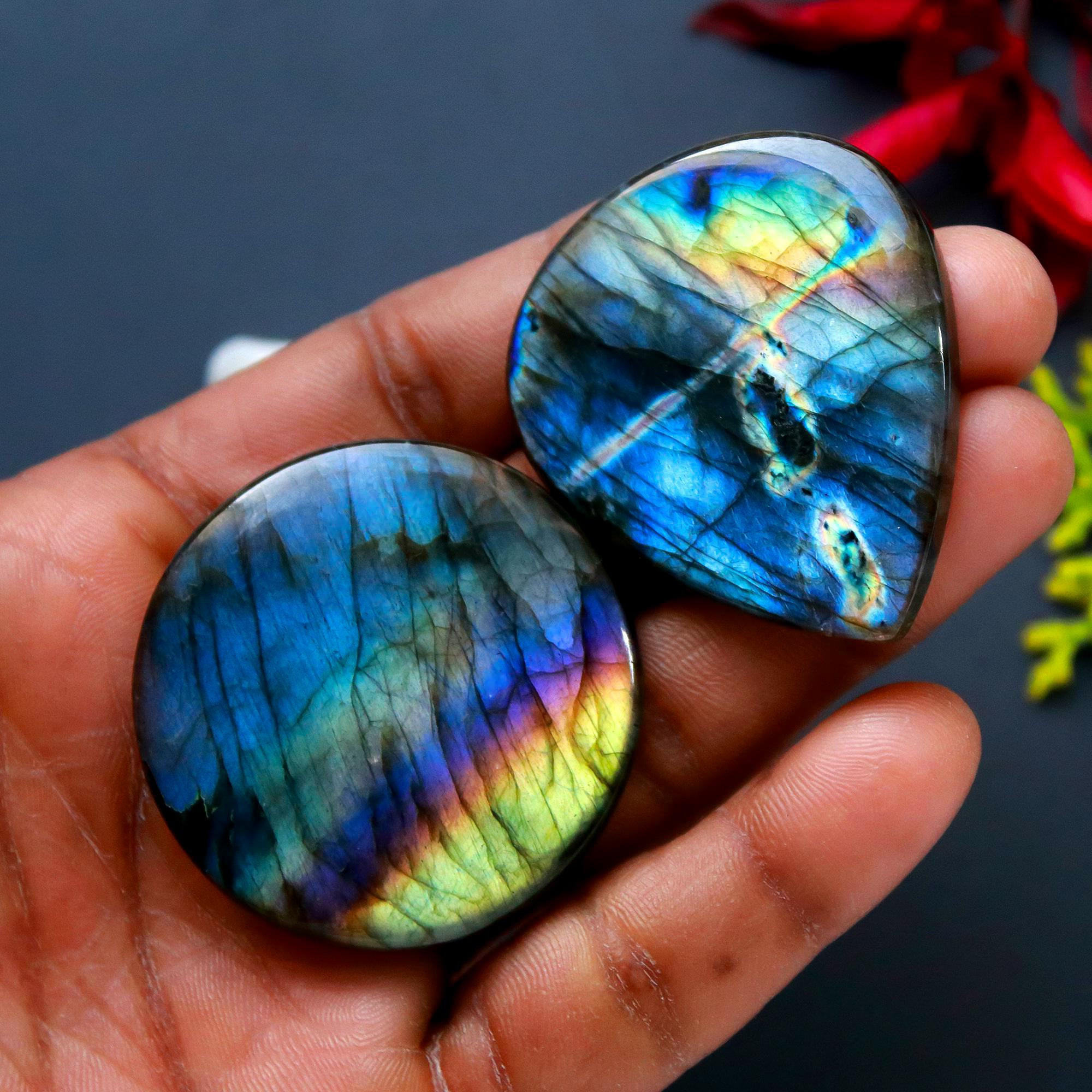 2 Pcs 163 Cts Natural Blue Labradorite Gemstone Cabochon Semi Precious Wholesale Lot Handmade Jewelry Making Supplies Pendant For Her 40x40 41x40mm13795