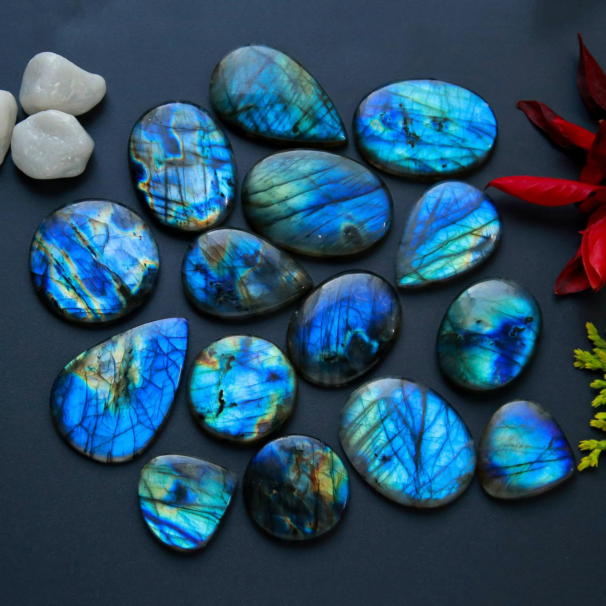 15 Pcs 367 Cts Natural Blue Labradorite Gemstone Cabochon Semi Precious Wholesale Lot Handmade Jewelry Making Supplies Pendant For Her 35x22 20x20mm13797