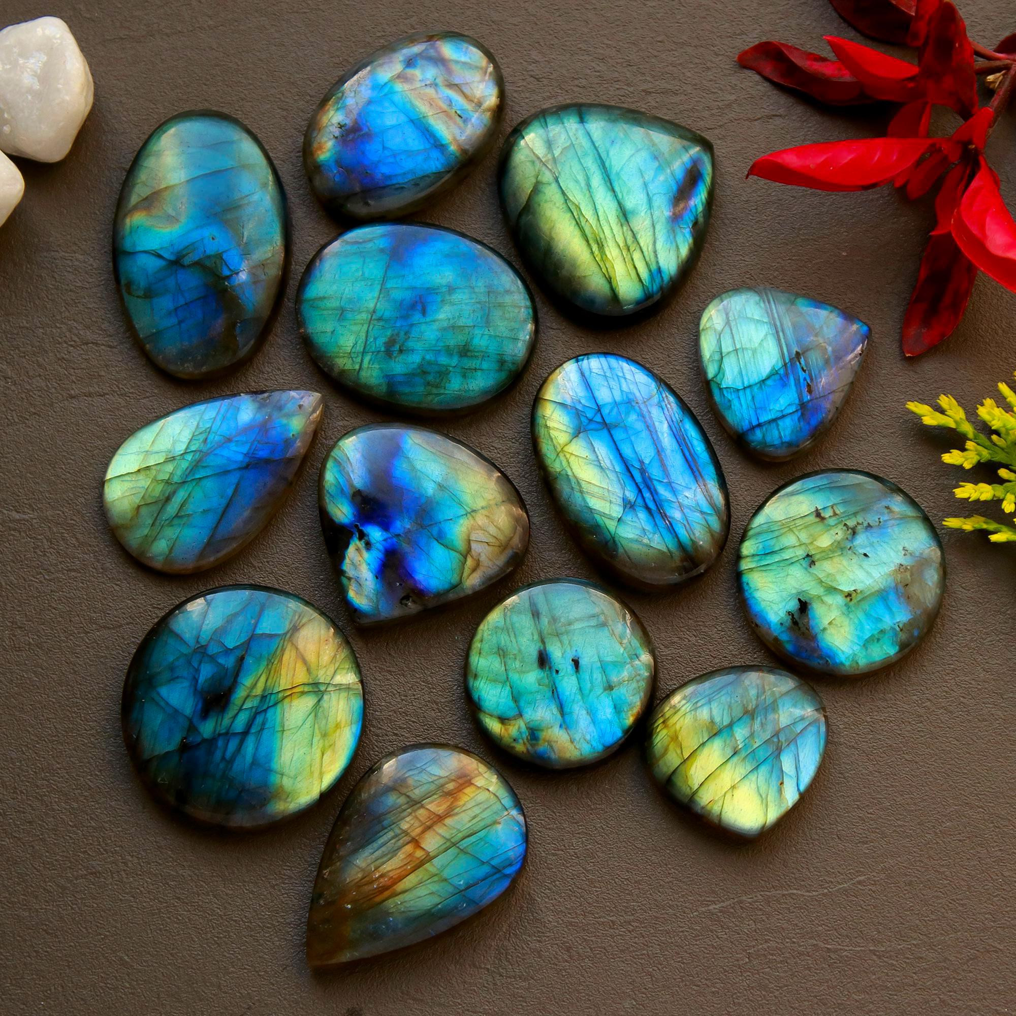 13 Pcs 382 Cts Natural Blue Labradorite Gemstone Cabochon Semi Precious Wholesale Lot Handmade Jewelry Making Supplies Pendant For Her 54x50 22x22mm13798